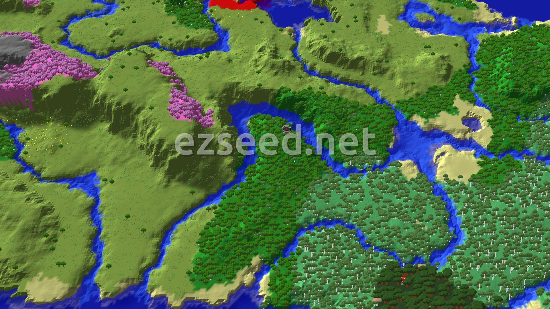 An aerial view shows a winding river through dense forests and plains, with patches of pink cherry blossoms and some sandy areas near water.