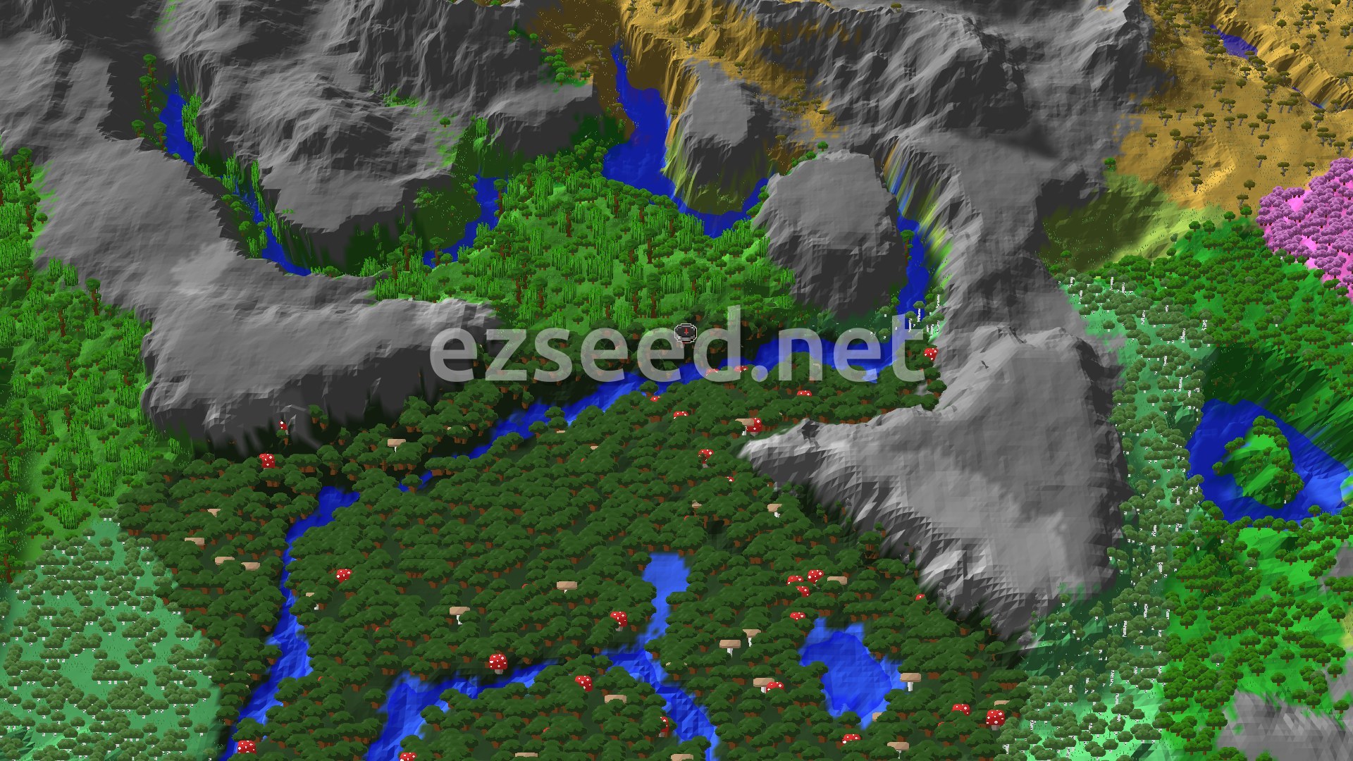 A fly-over of a dense dark forest dotted with red mushrooms, a river winding through it, grey rock walls rising around, jungle to the north and savanna plateau at the top corner.