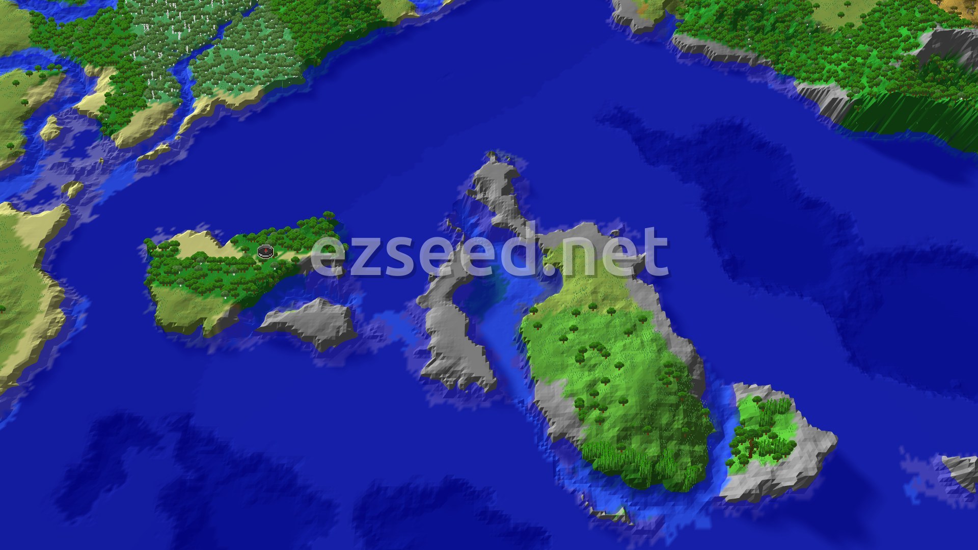 A bird's-eye view of a green, forested island surrounded by deep blue ocean, with a red spawn marker at its center.