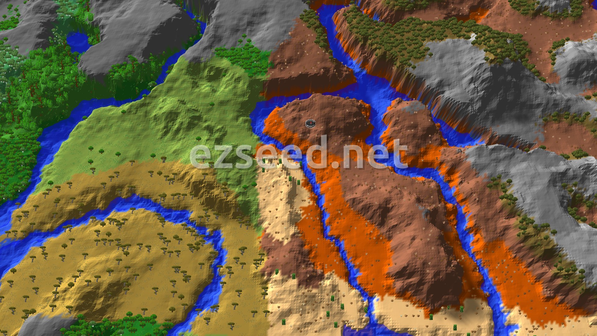 A 3D fly-over of a red-brown badlands hill at spawn, split by blue rivers, with sandy desert to the south, savanna to the west and green forest and grey stone on the edges.