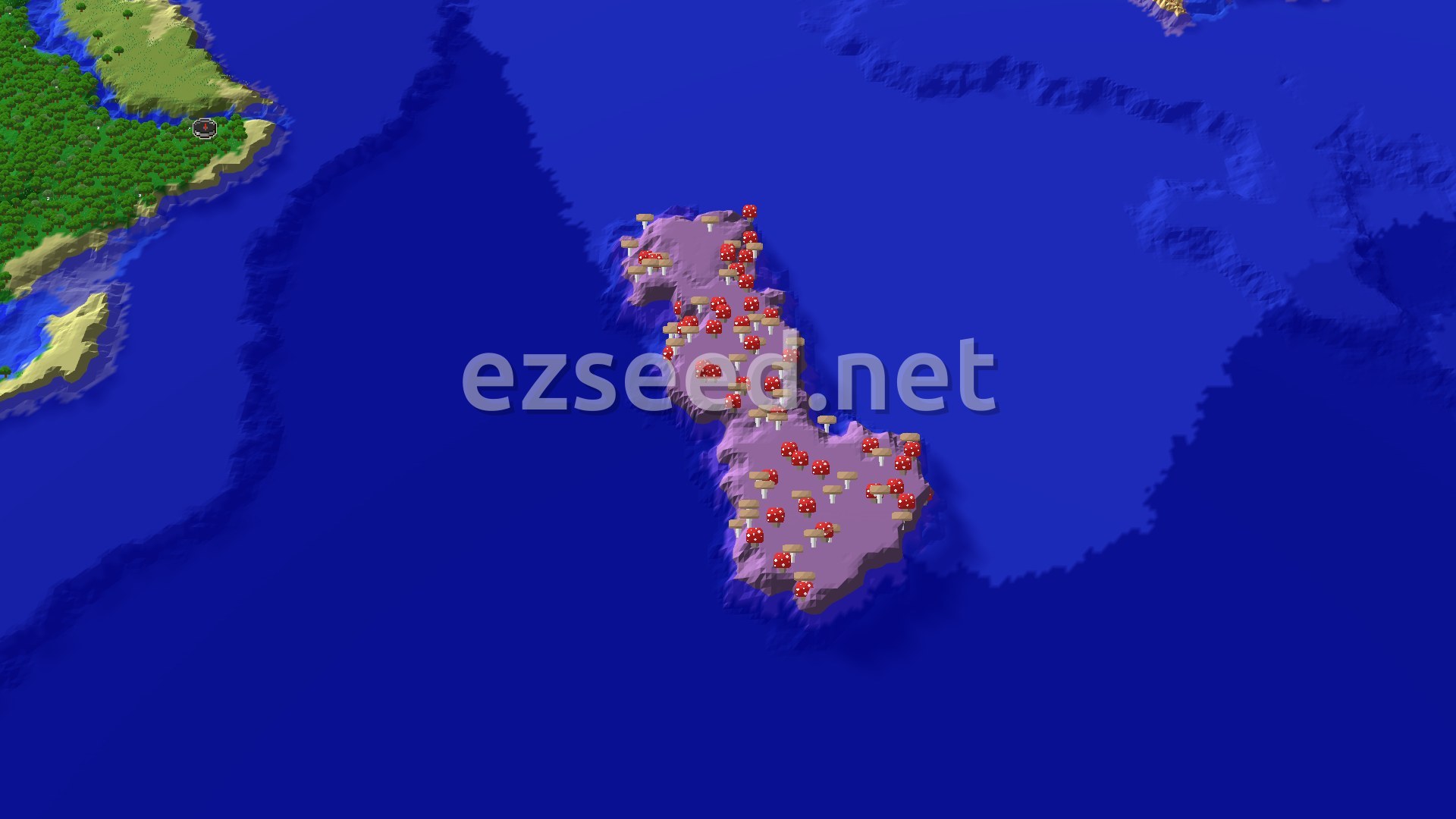 A forested coastline with sandy beaches meets deep blue ocean, and a purple mycelium island covered in red and brown giant mushrooms sits offshore.