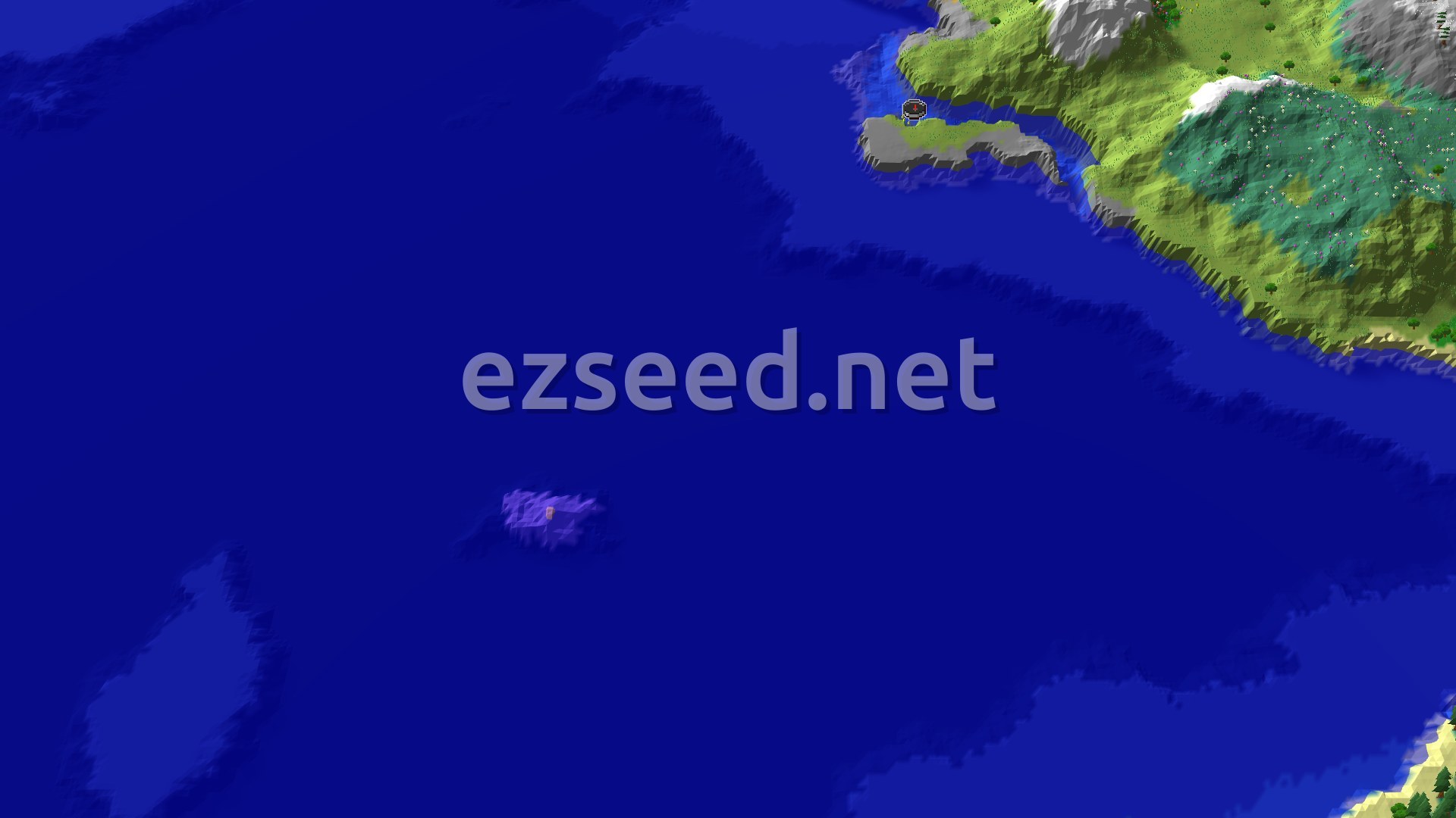 Aerial Minecraft seed map — Flower Forest and Jagged Peaks Beside a Deep Ocean Coast