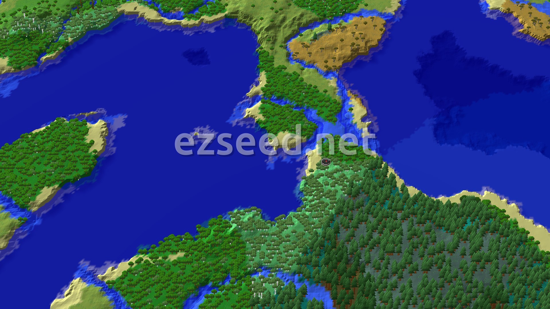 An overhead 3D view of a large, green island covered in various types of trees, surrounded by deep blue ocean. A small marker indicates the spawn point near a forest edge.