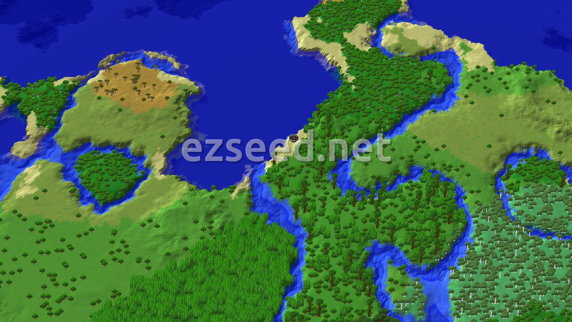 A bird's-eye view of a sandy beach on a blue bay, with dense jungle and bamboo covering the land to the south and rivers cutting through green hills.