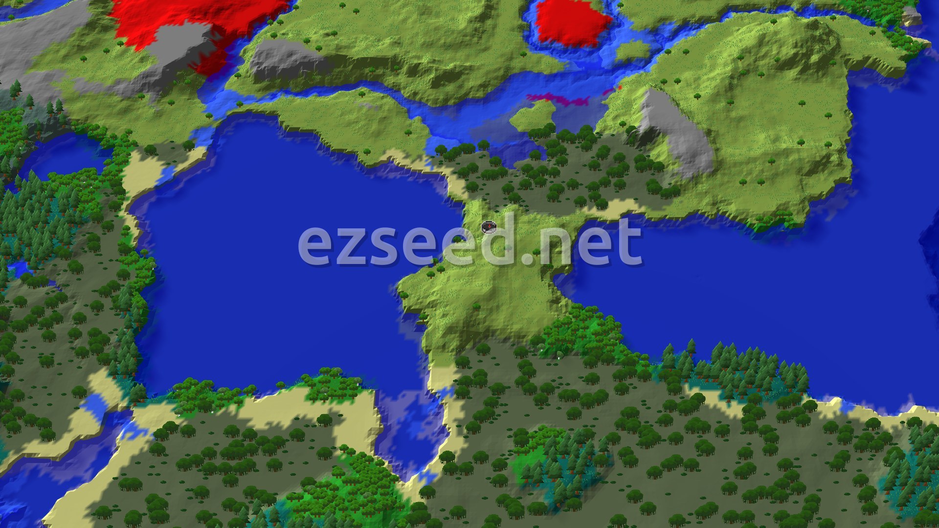 A narrow plains peninsula runs between two large blue bodies of water, with swamp-dark woodland to the south and grassy hills with grey rock outcrops to the north.