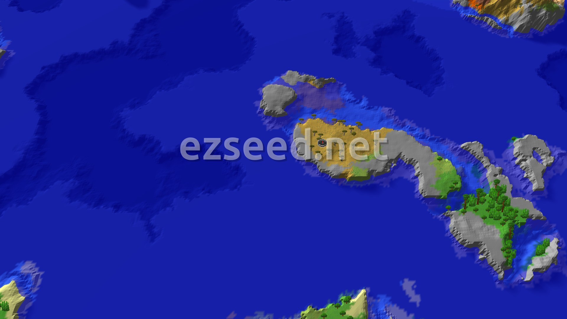 An aerial view of a large island surrounded by deep blue ocean. The island features a blend of savanna and green jungle biomes, with some stony shores and scattered trees. A small spawn marker is visible near the center of the savanna.