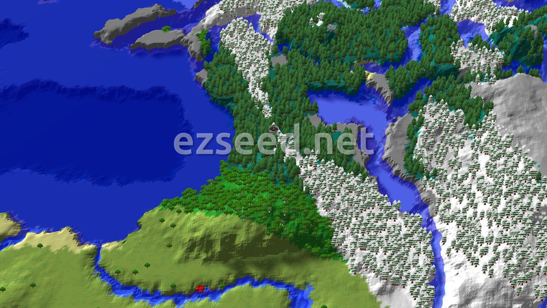 A strip of spruce forest and snowy taiga runs along a cold ocean coast, with a river valley cutting inland and green plains to the south.