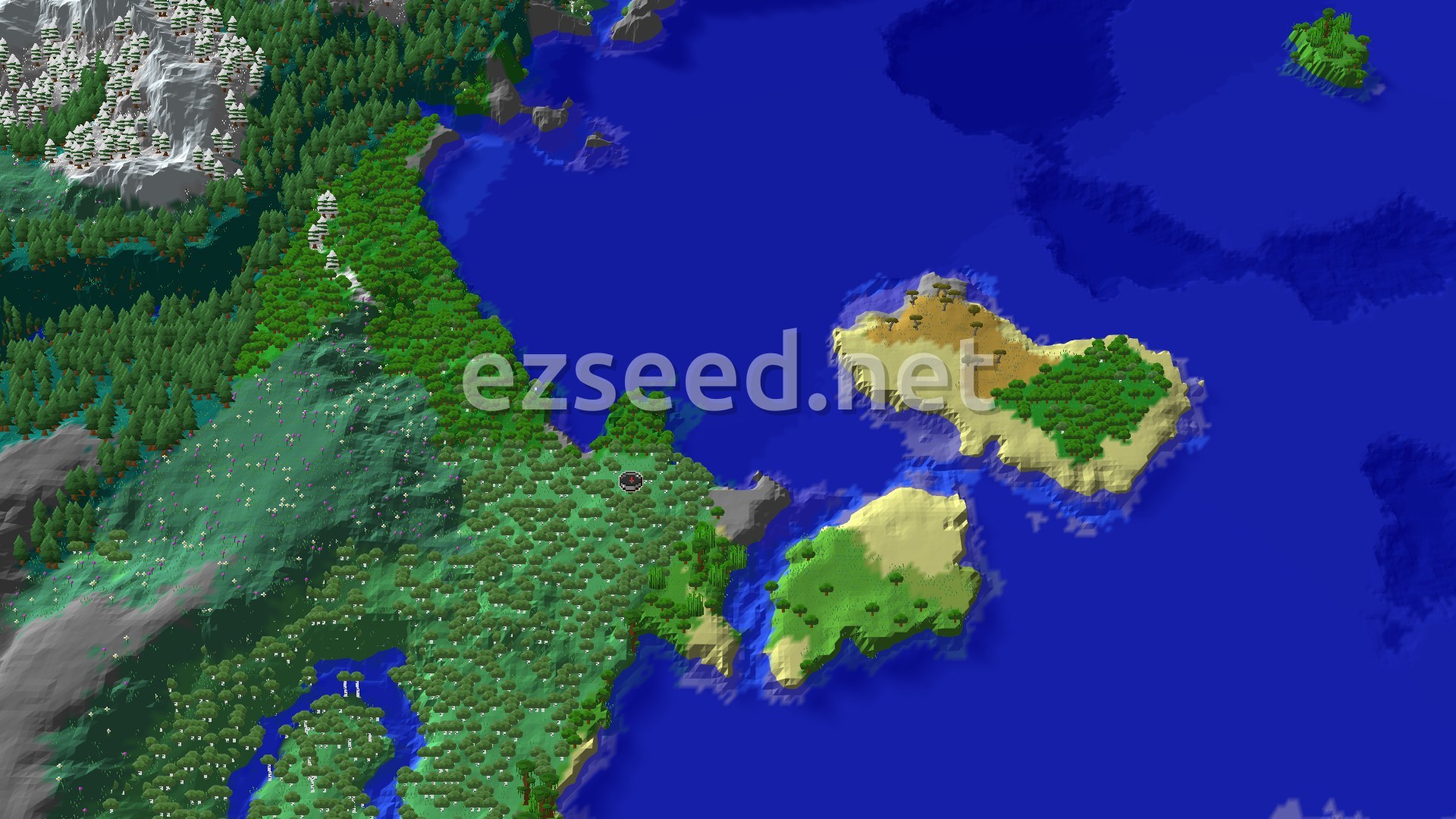 A birch and oak forest slopes down to a wide blue bay, with sandy islands offshore and spruce hills with snow-dusted rock to the west.