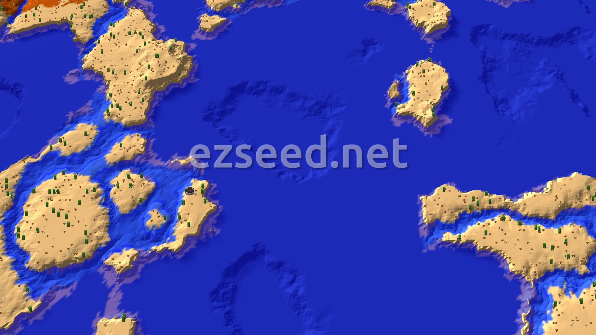 A fly-over of sandy desert islands dotted with cacti and dead bushes, scattered across a wide expanse of deep blue warm ocean, with the spawn marker on a narrow strip of sand.
