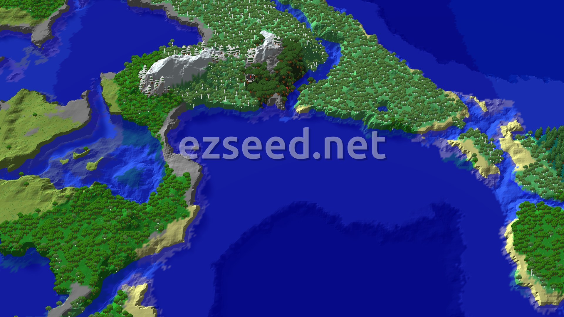 Aerial Minecraft seed map — Pale Garden and Dark Forest on a Coastal Birch Shore