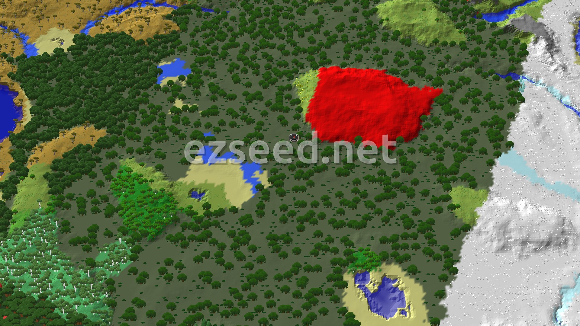 An overhead view of a diverse landscape with a mix of green forests, light green grassy areas, and some bodies of water, with a red biome highlighted to the east.