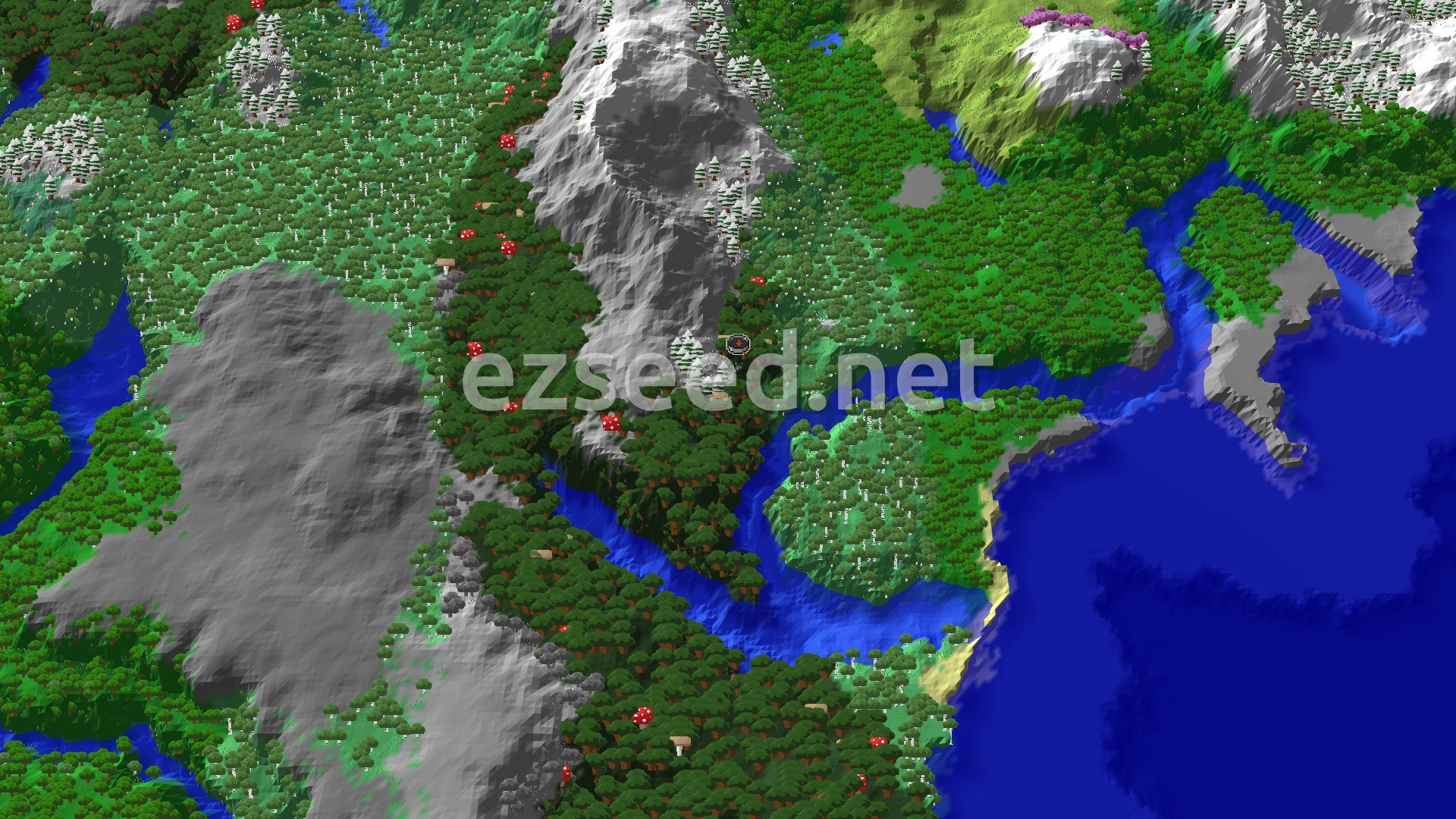 A 3D view of dark forest canopy dotted with giant red mushrooms, gray rocky ridges running through it, a river and open ocean to the east, and snowy slopes and a pink-leaved grove at the top.
