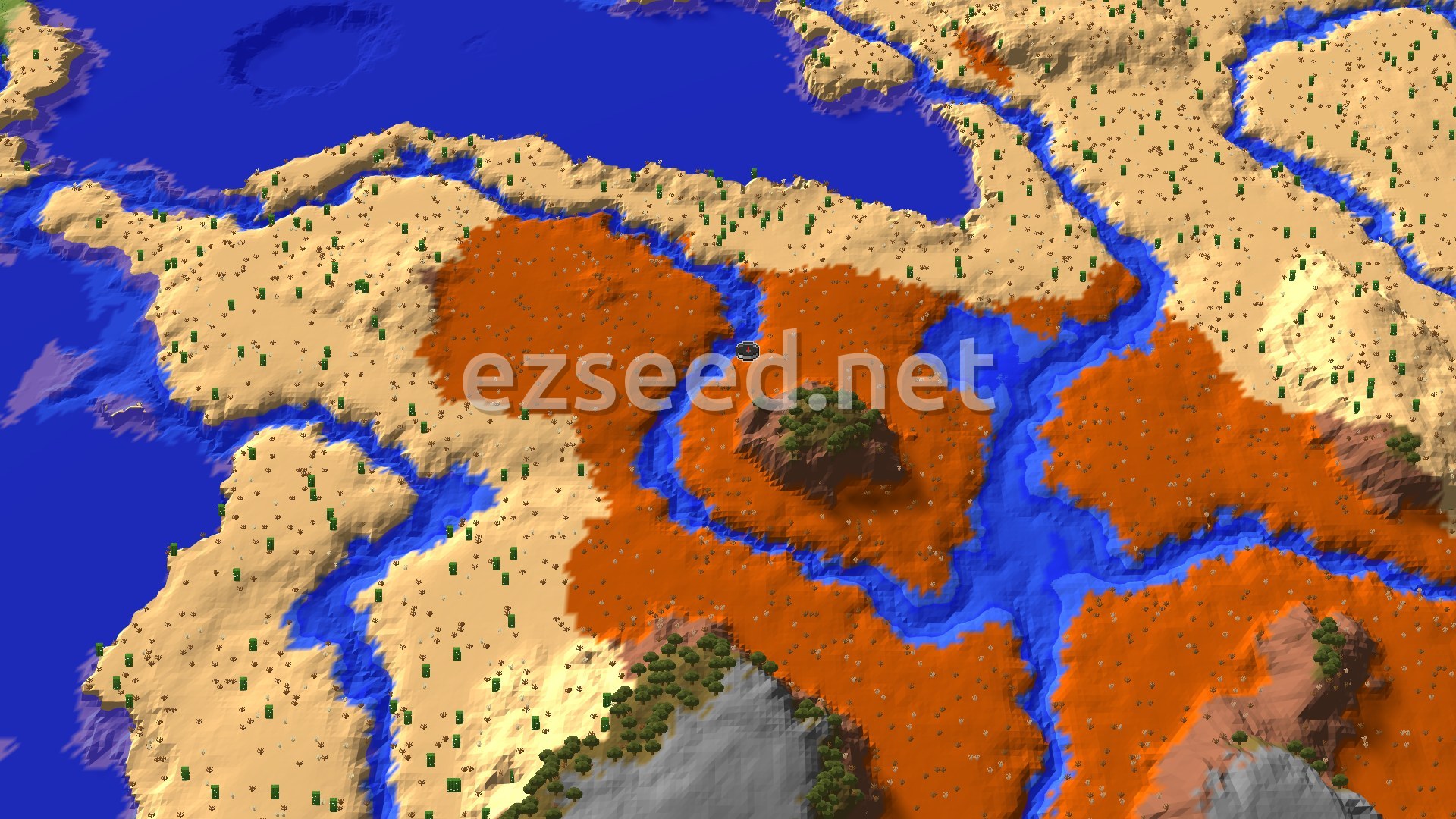 A fly-over of orange badlands and pale desert split by winding blue river channels, with a small tree-topped mesa near the centre and deep water along the top edge.