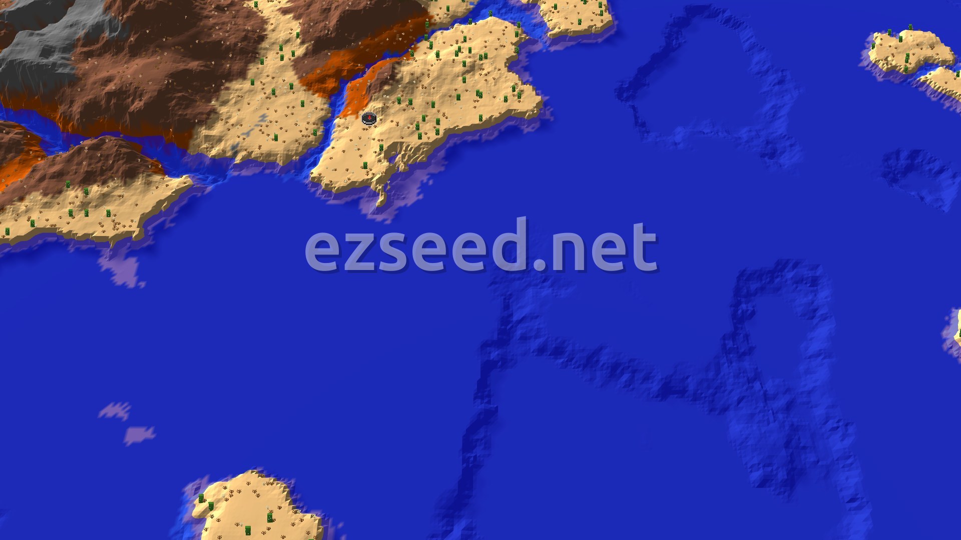 A sandy desert peninsula dotted with cacti juts into deep blue ocean, with brown and orange badlands rising to the northwest.