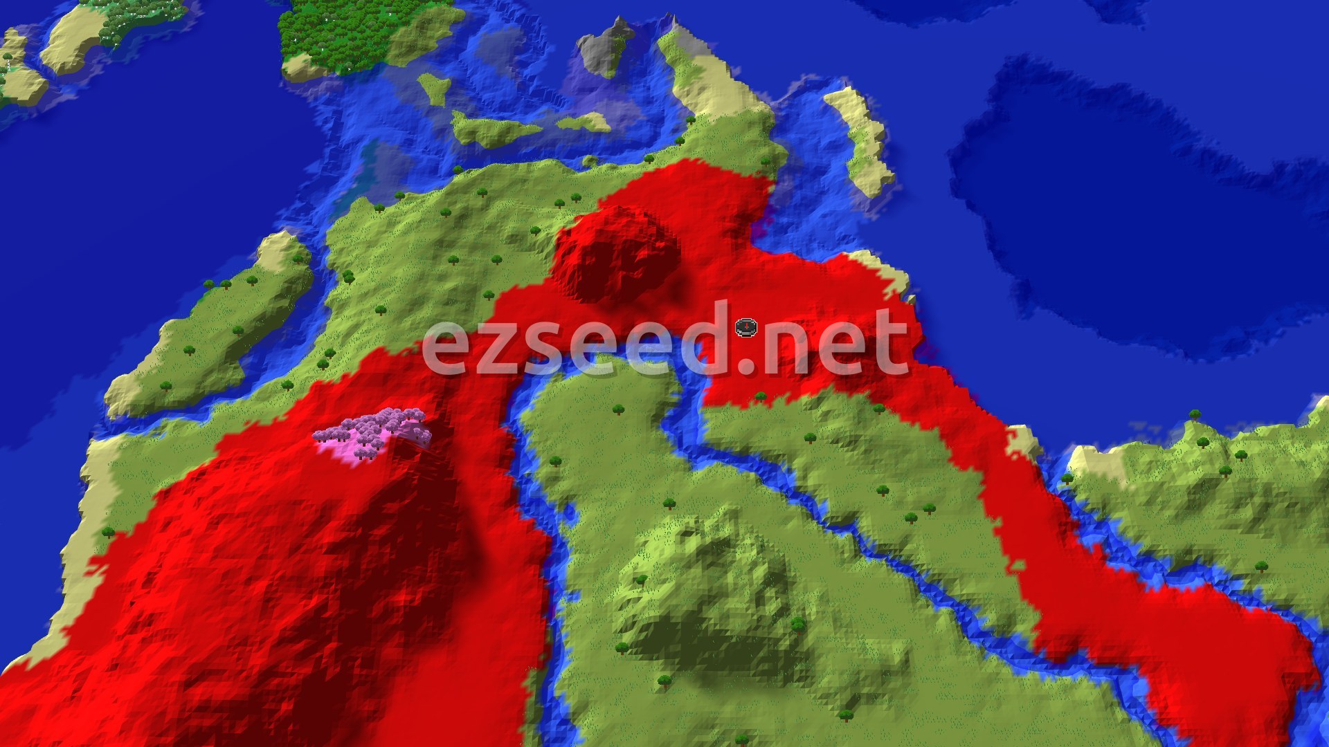 An aerial view of varied terrain with a central spawn marker, featuring a mix of green forests, light blue rivers, darker blue oceans, and some red-tinted biomes.