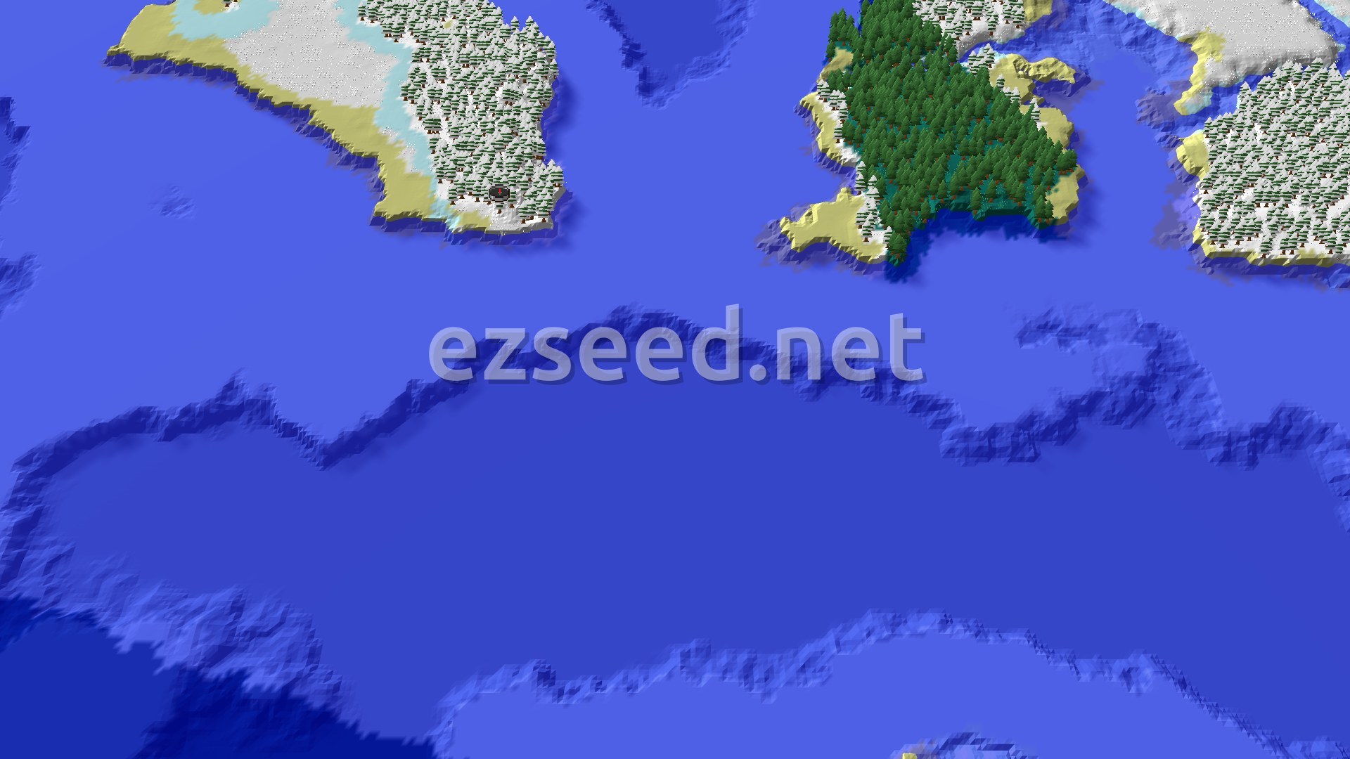 Snow-dusted spruce forest on a sandy-edged island, with open frozen ocean and more islands stretching across the water.
