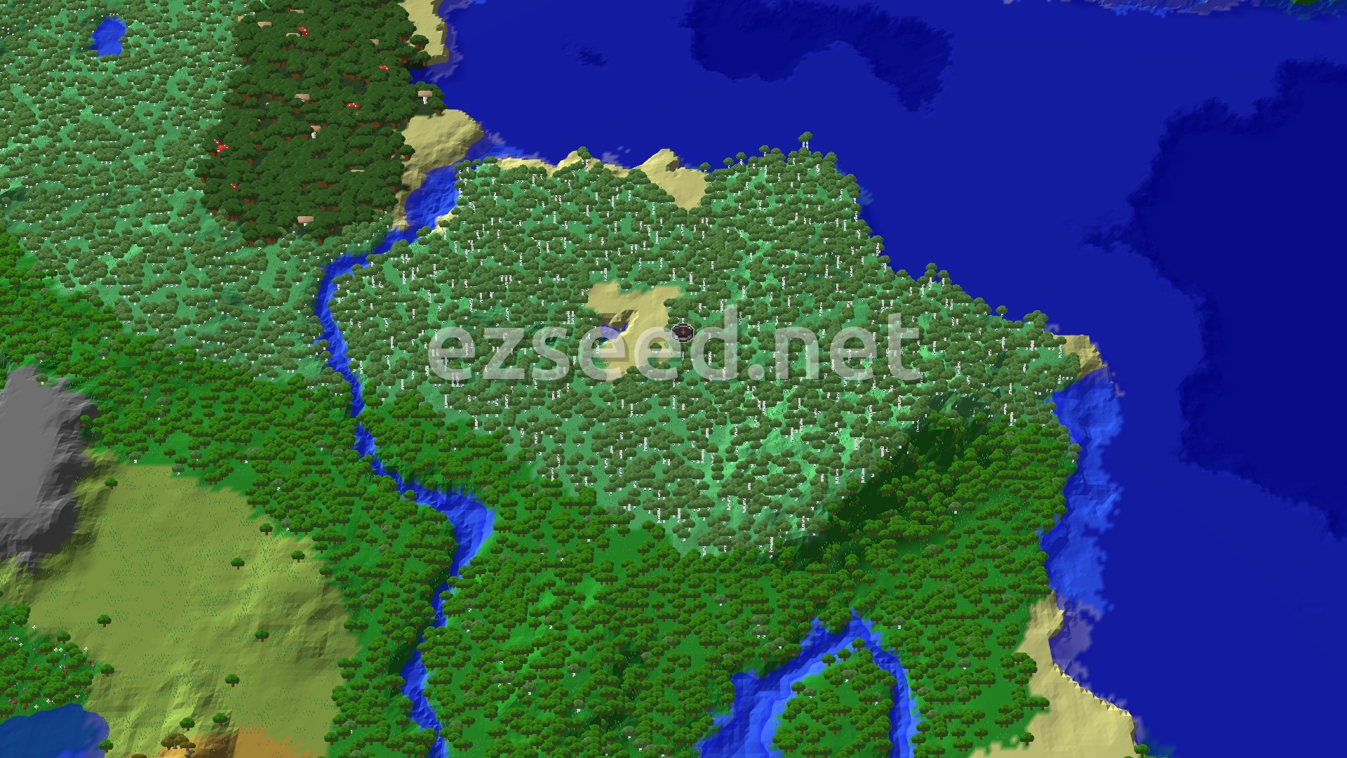 A fly-over of a dense birch forest on a peninsula, with a river winding along its west side, sandy beaches and deep blue ocean to the east.