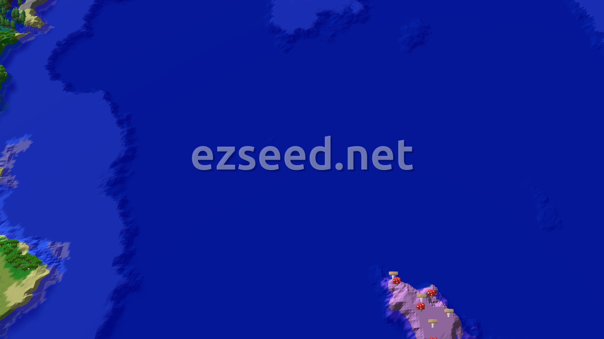 A fly-over of dark blue deep ocean with a forested green shoreline at the left edge and a small mushroom-covered patch of land at the lower right.