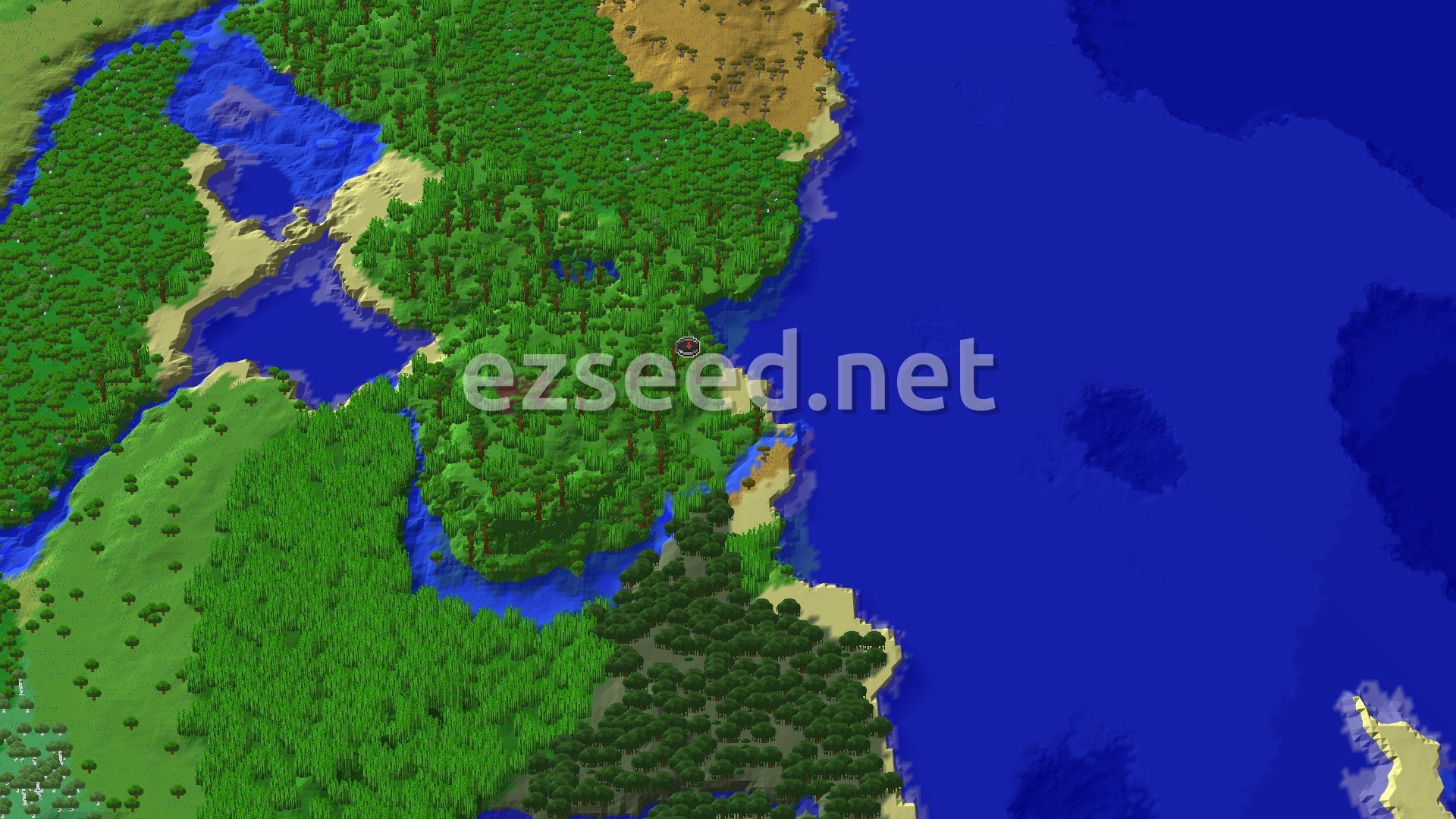 An overhead view of a green, forested landscape with a deep blue ocean to the right and a river winding through the land.