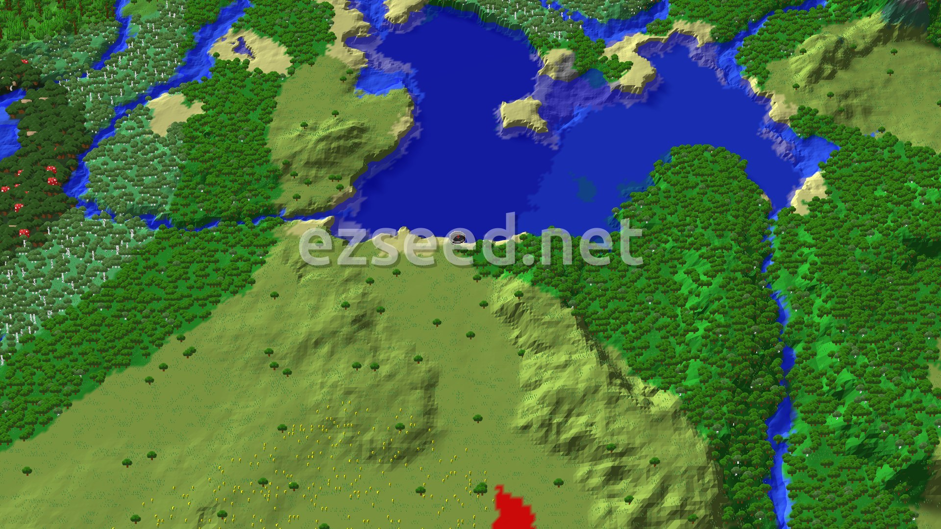Aerial Minecraft seed map — Lakeside Plains With Buried Treasure and Ocean Ruin Close In