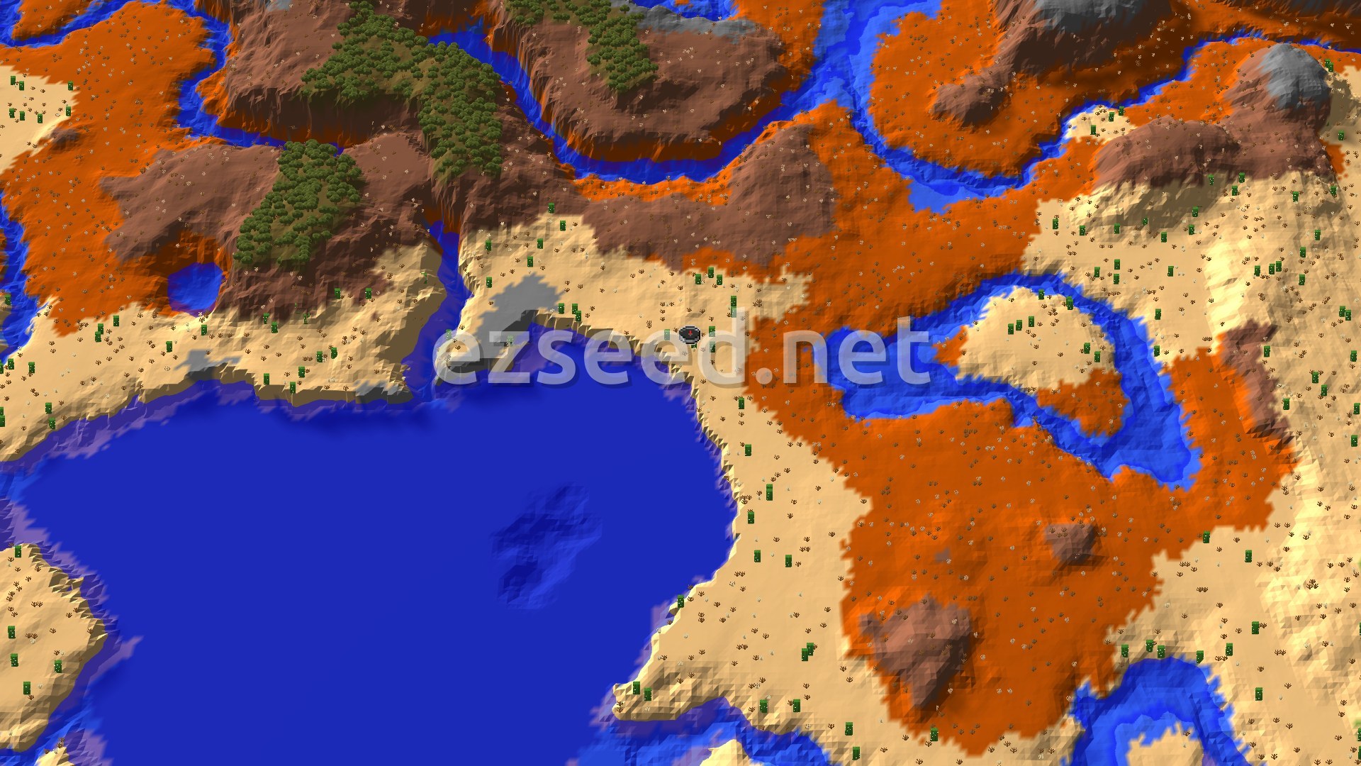 A sandy desert shelf with cacti runs along a large blue lake, with orange badlands, brown mesa ridges, rivers and a few green wooded patches beyond.