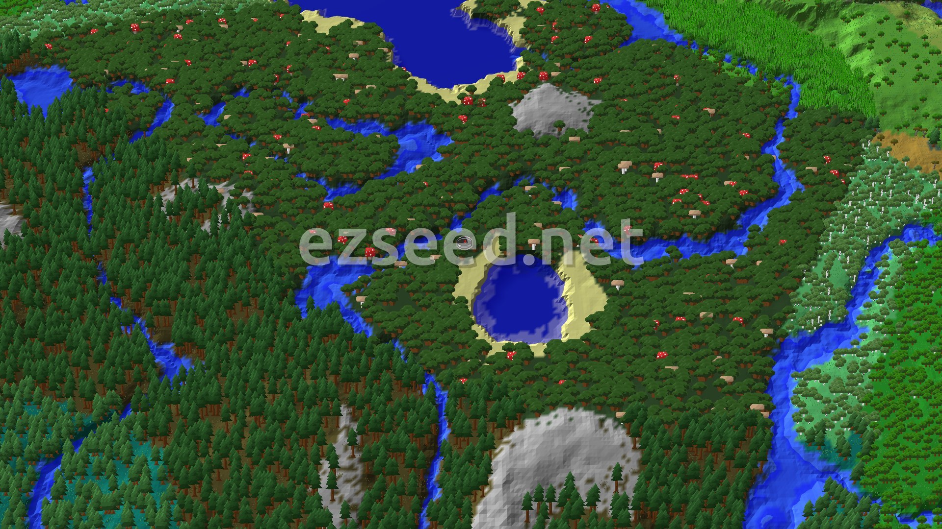 A canopy of dark oak trees dotted with red and brown mushrooms, a small sandy-edged pond at the centre, rivers winding between spruce forest and pale rocky hills.