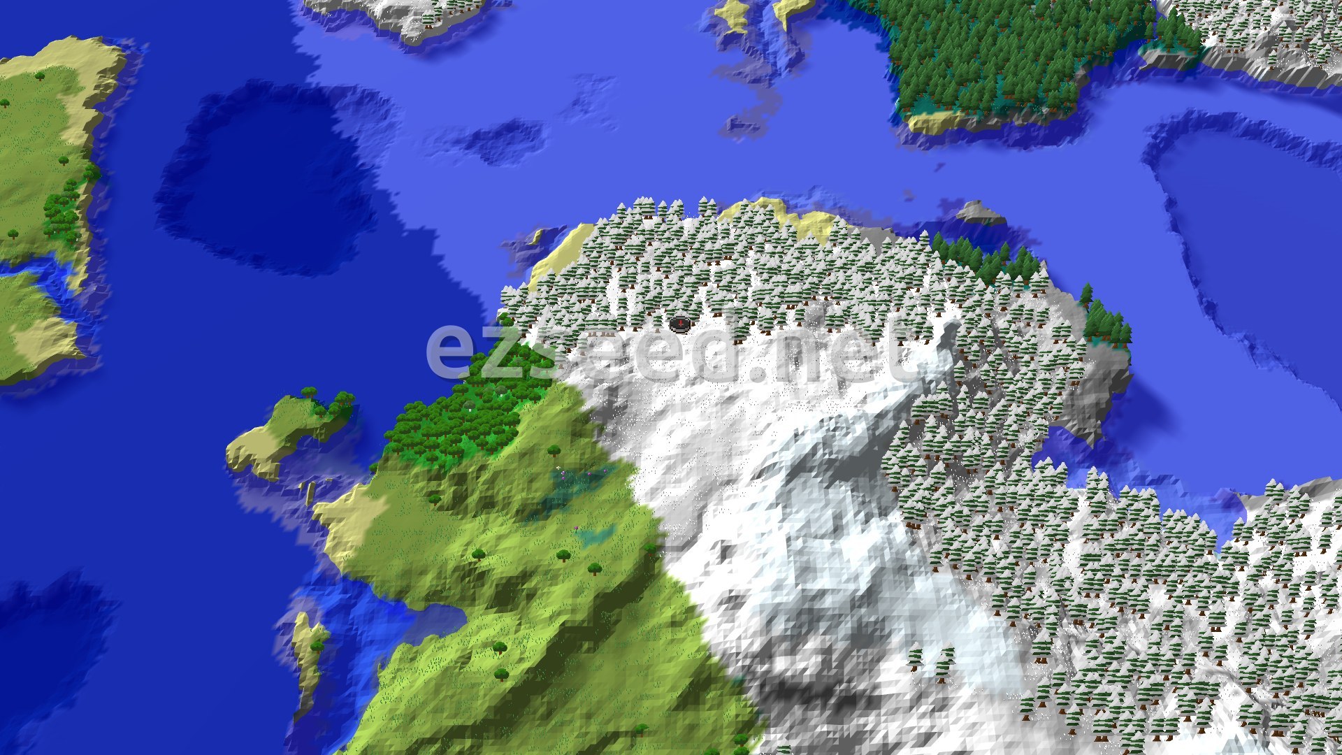 An aerial view of a large, snow-covered island with forests and some green plains, surrounded by blue ocean. A small spawn marker is visible near the center of the snowy area.