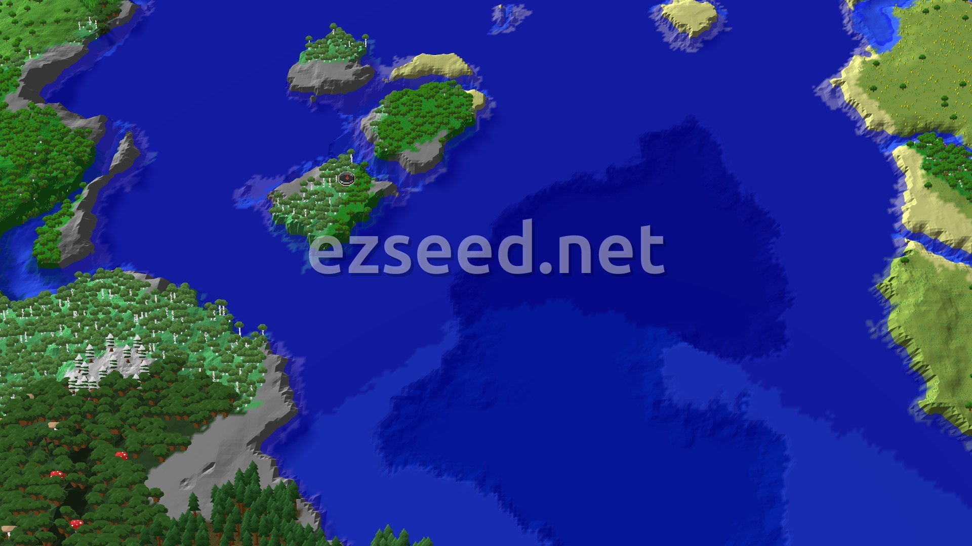 Aerial Minecraft seed map — Forest Island Surrounded by Ocean, With Buried Treasure