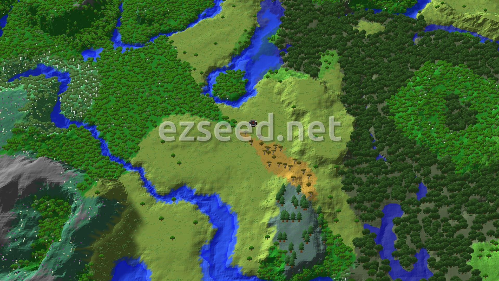 An aerial view of a Minecraft world, showing a plains biome at the center with a river winding through forests and hills. A small village is visible on the plains.