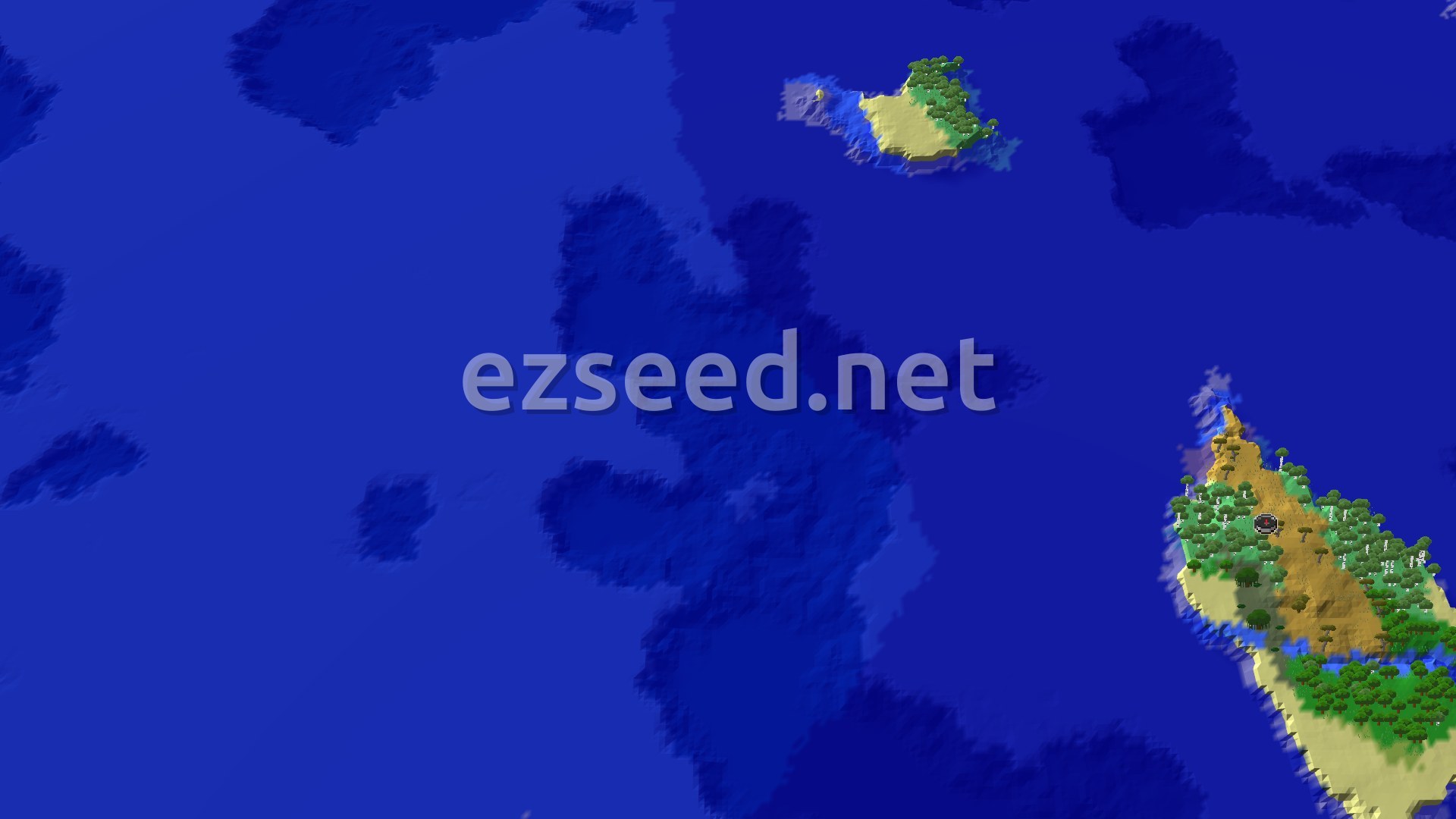 A small forested island with sandy beaches and a tan savanna ridge sits in a wide dark-blue ocean, with a second smaller island to the north.