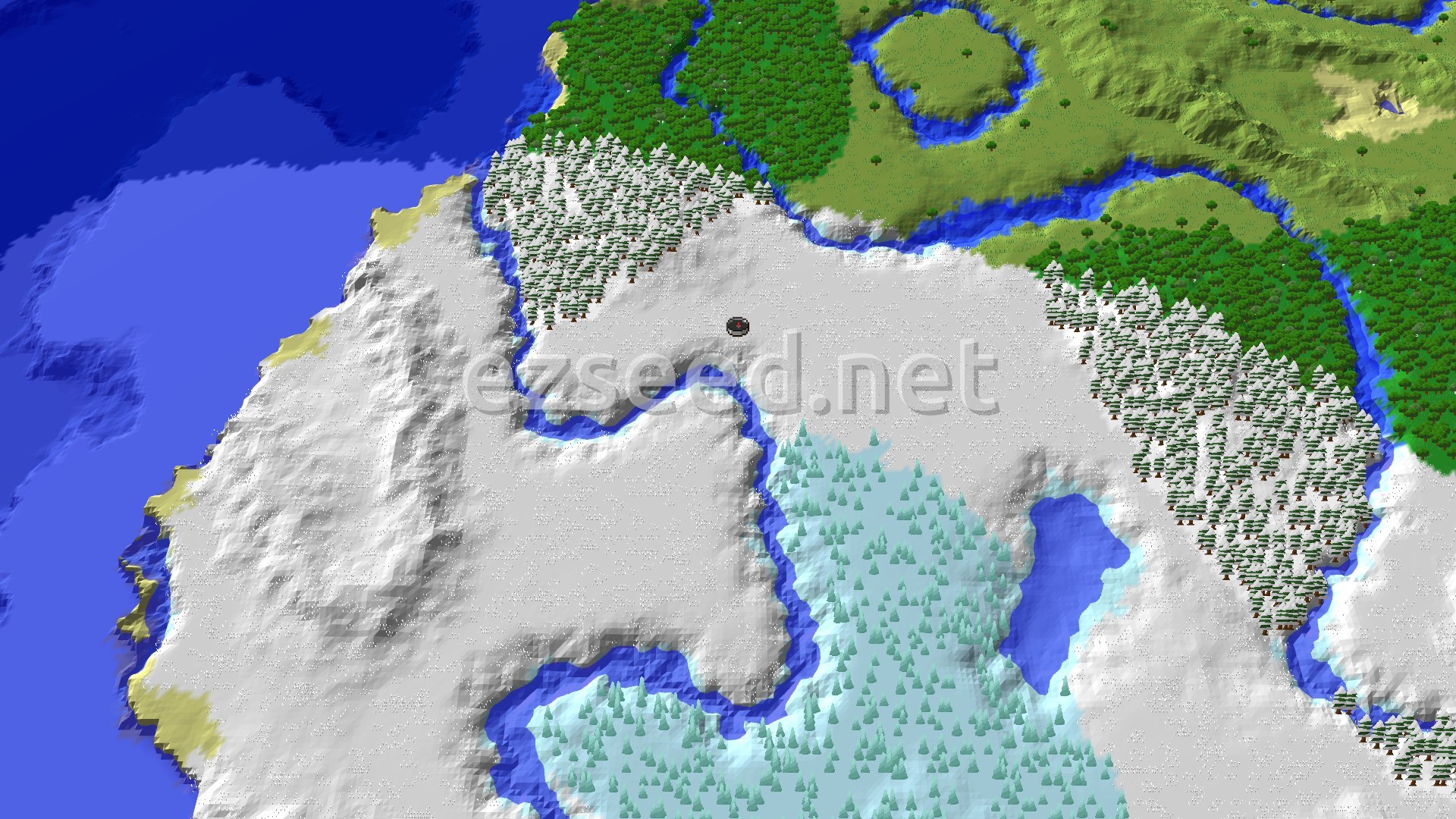 Aerial Minecraft seed map — Ice Spikes Beside a Frozen River Coast