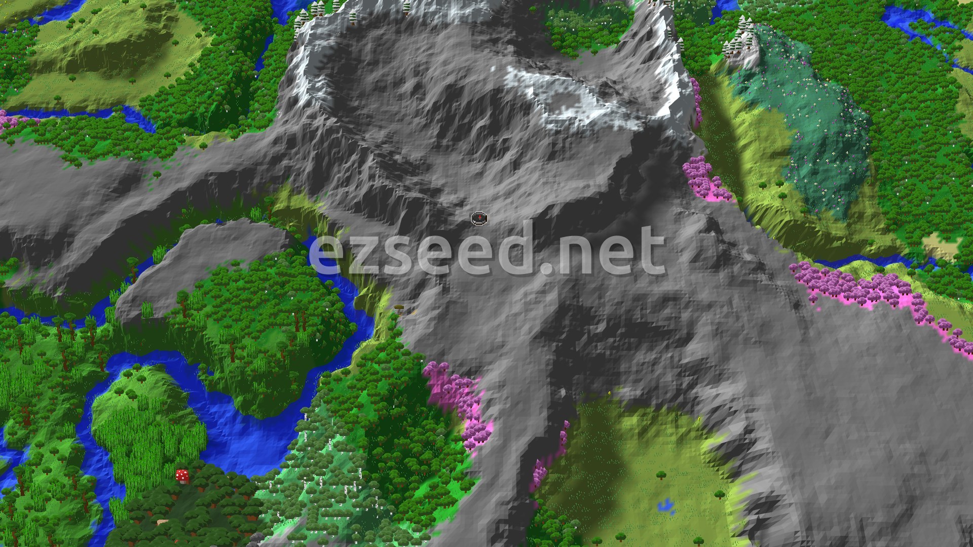 A 3D fly-over of a grey stone ridge crowned with snow, pink cherry trees clinging to its edges, and green forest, rivers and meadow in the valleys around it.