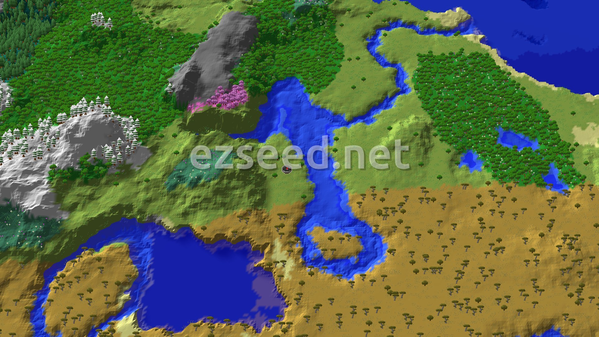 A bird's-eye view of a varied landscape, with a river flowing through plains and savannas, bordered by forests and snow-capped mountains. A small, pink-leaved cherry grove is visible near the mountains.