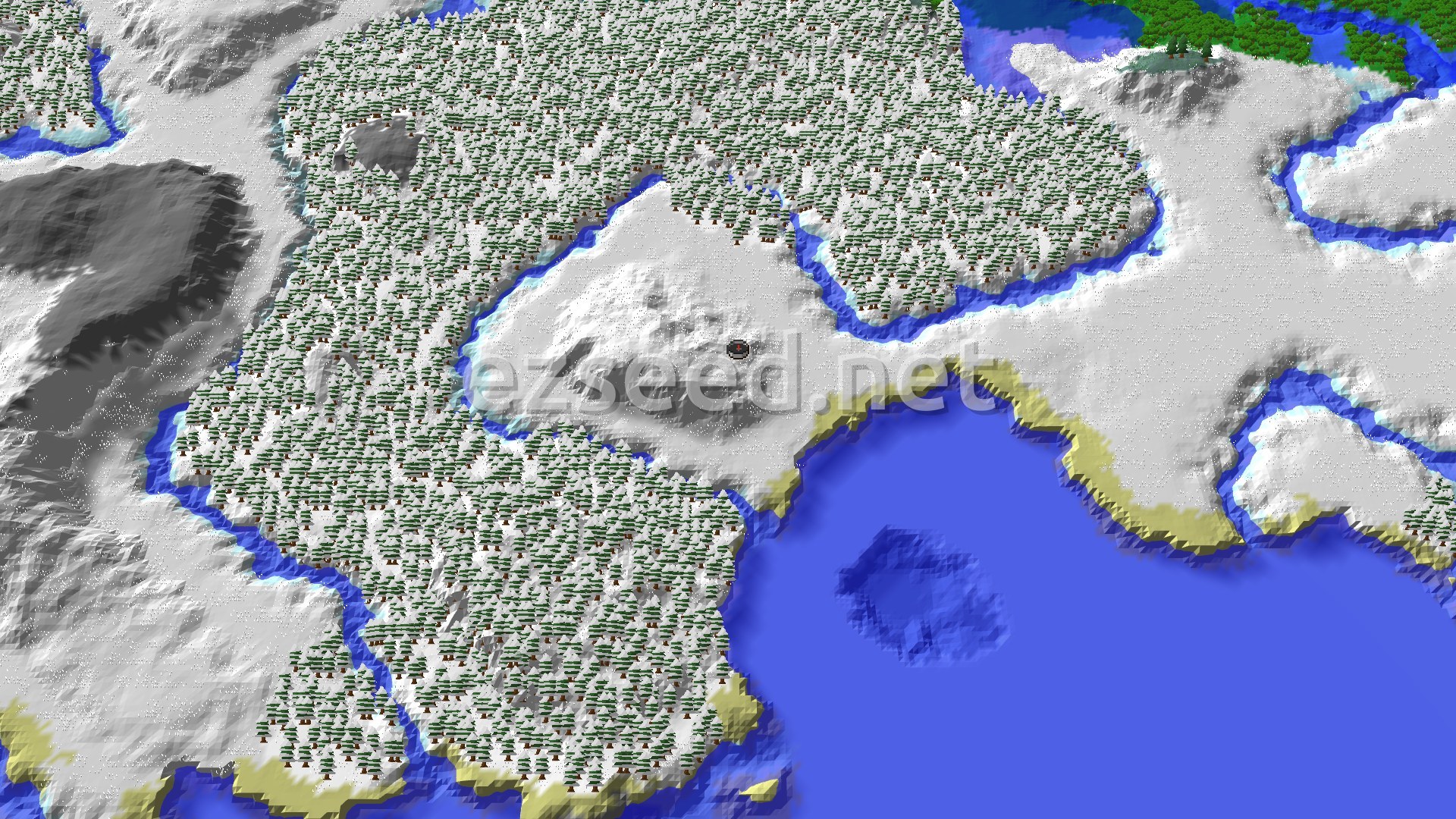 A 3D render of a snow-covered landscape with dense pine forests, a large frozen ocean, and scattered icy peaks. A small spawn marker sits in the center.