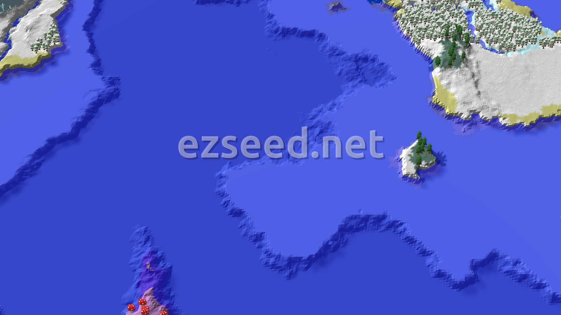 A fly-over of a vast blue frozen ocean with a snow-covered, spruce-dotted coast in the top right, a tiny snowy islet in the middle and a mushroom island at the bottom.