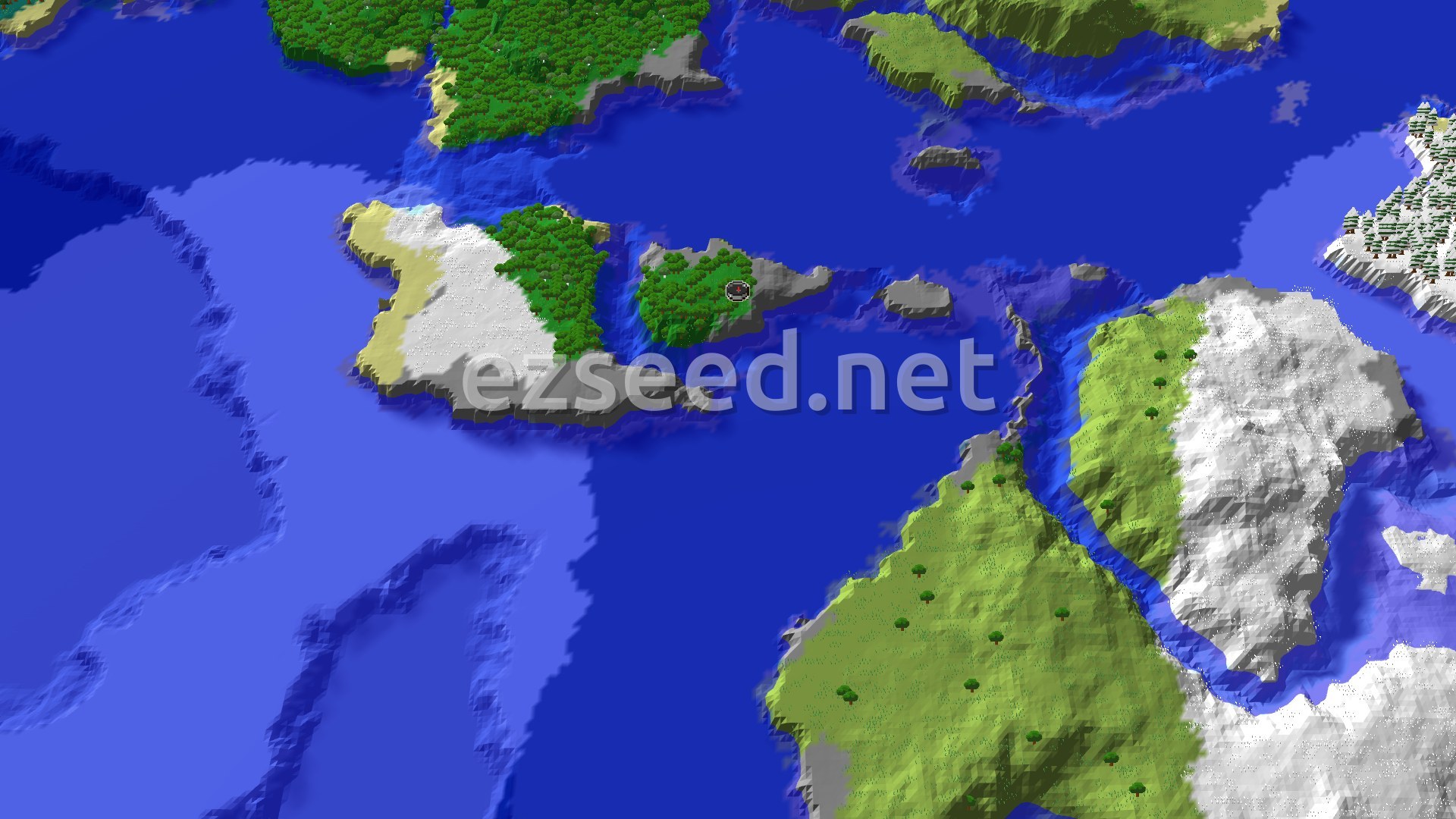 A small forested island with grey stony shores sits in dark blue water, with a snow-dusted island beside it and larger green and snowy landmasses beyond.