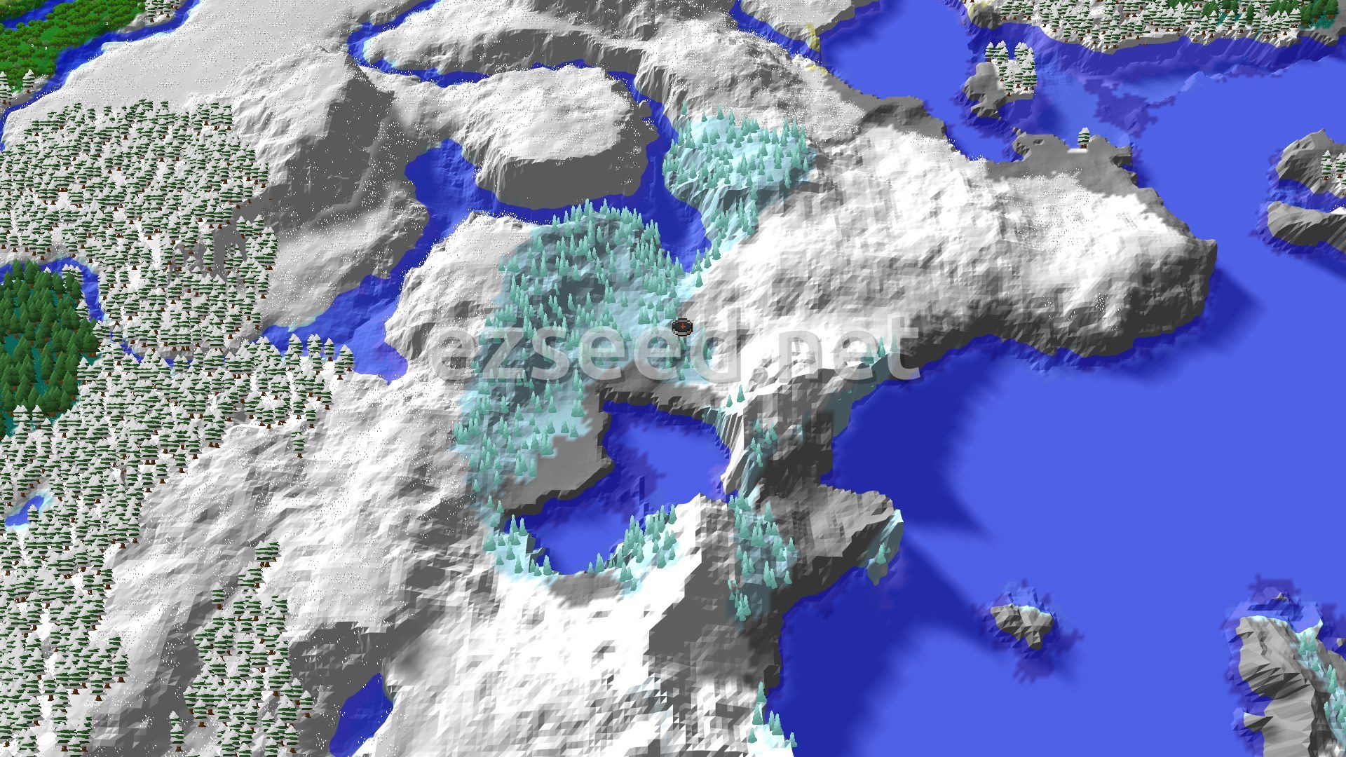 A snow-covered ridge of pale blue ice spike trees ringed by frozen water, with dense snowy spruce forest to the west and open frozen ocean to the east.