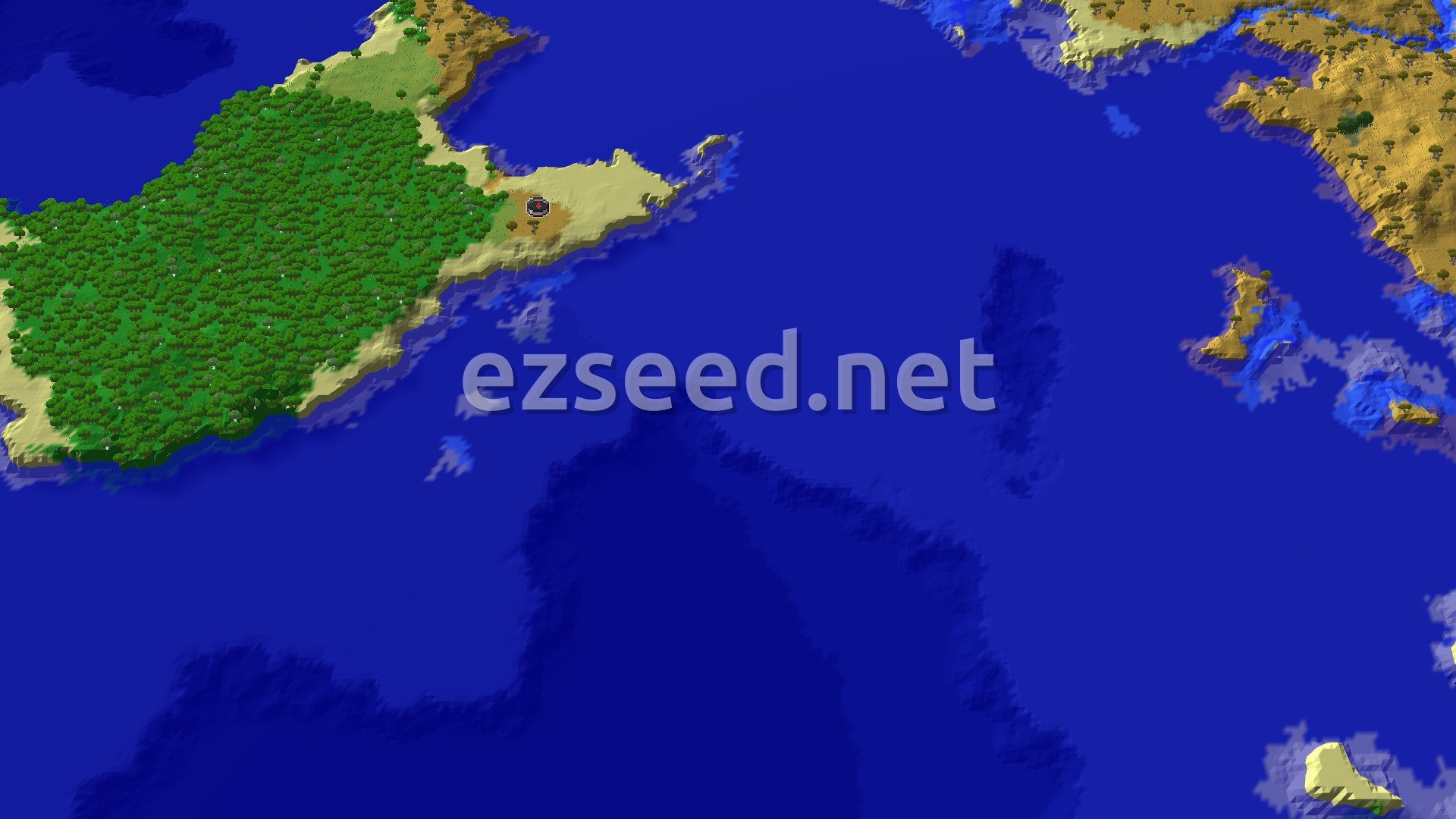A dense green forest covers a large island on the left, with a pale sandy spit pointing into deep blue ocean and tan savanna land on the right.