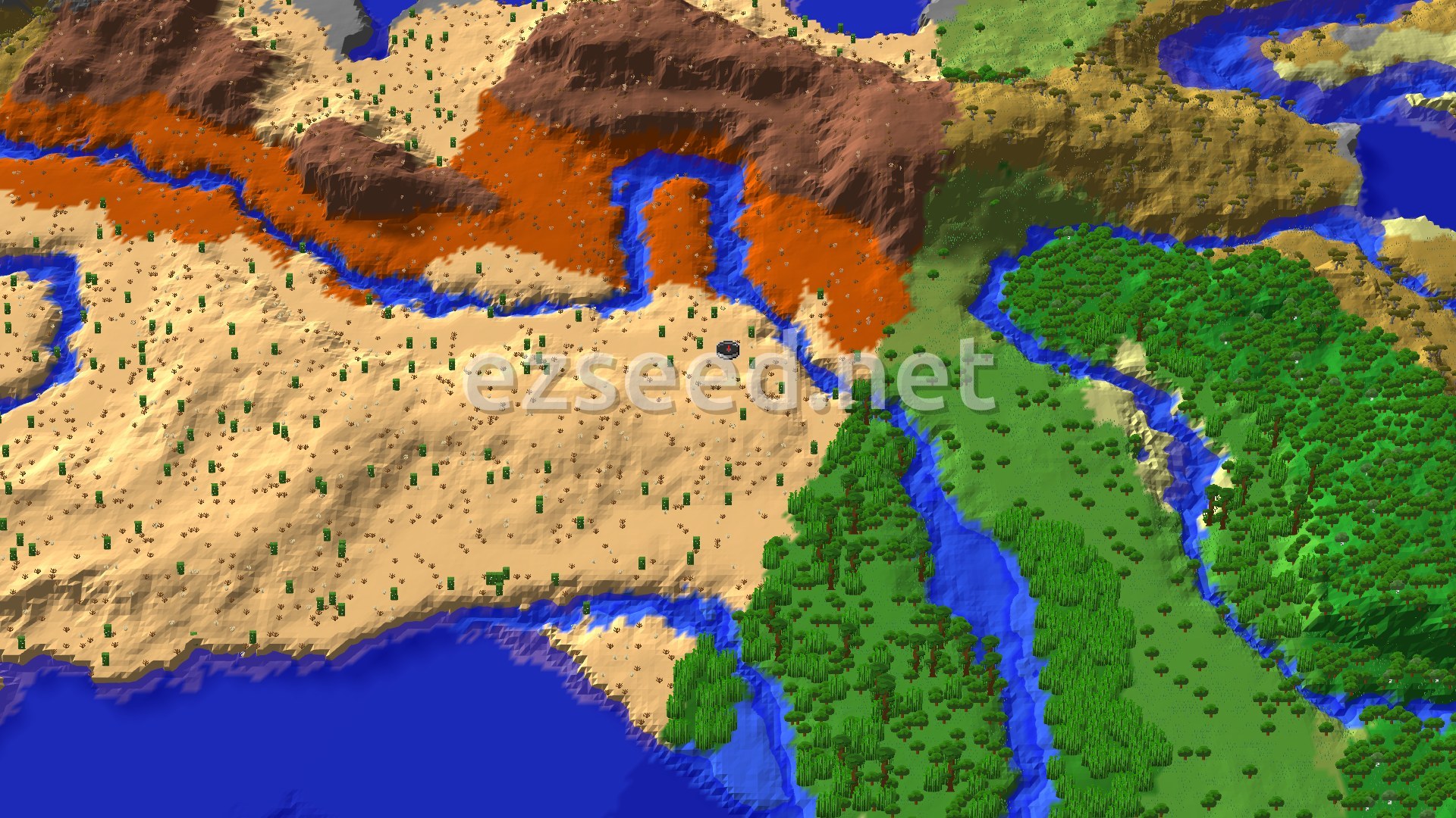 A sandy desert dotted with cacti, bordered by orange and brown badlands cliffs to the north and jungle and green plains to the east, with rivers and ocean between them.