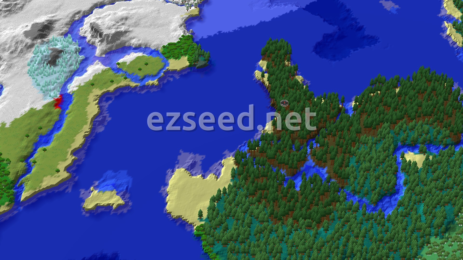 A fly-over of a dark spruce forest on a peninsula jutting into a wide blue ocean, with sandy beaches, small islets, and snowy hills to the west.