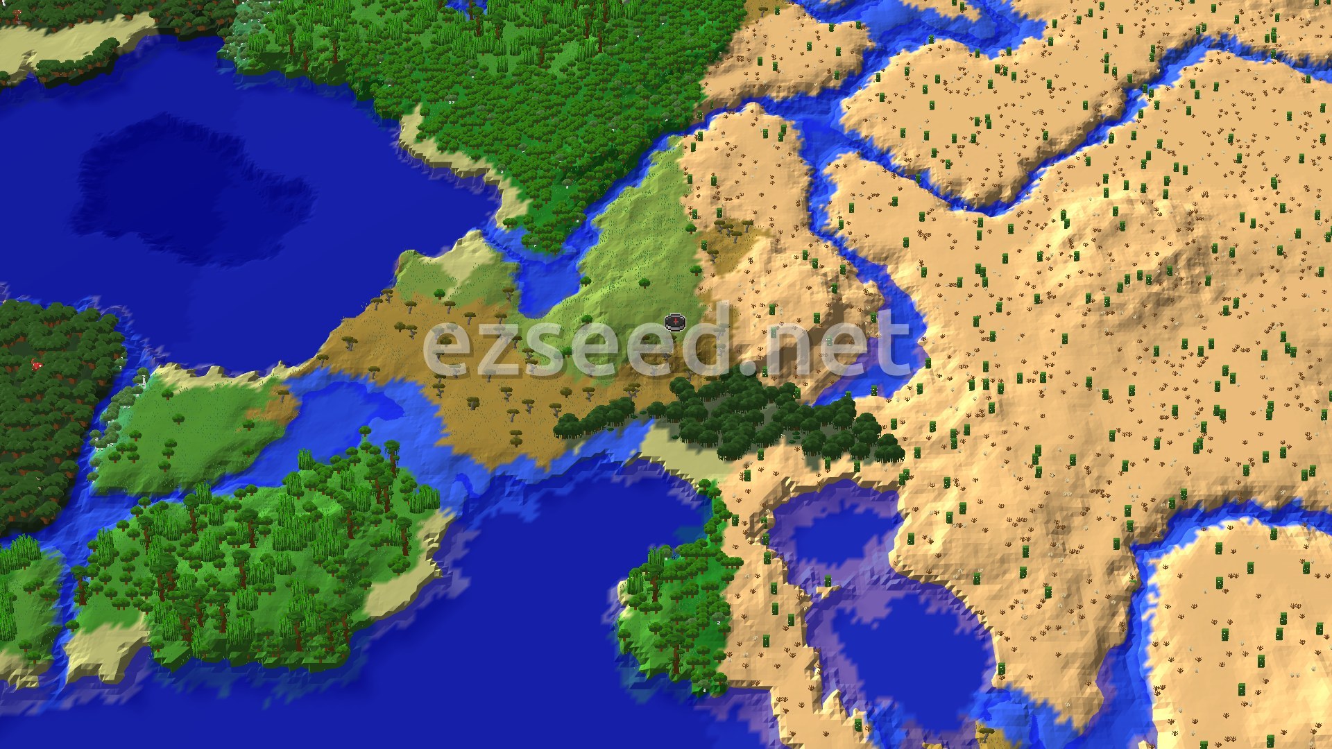 A fly-over of a narrow strip of plains and savanna wedged between a large tan desert on the right and deep blue ocean and lakes on the left, with forest and jungle patches at the edges.