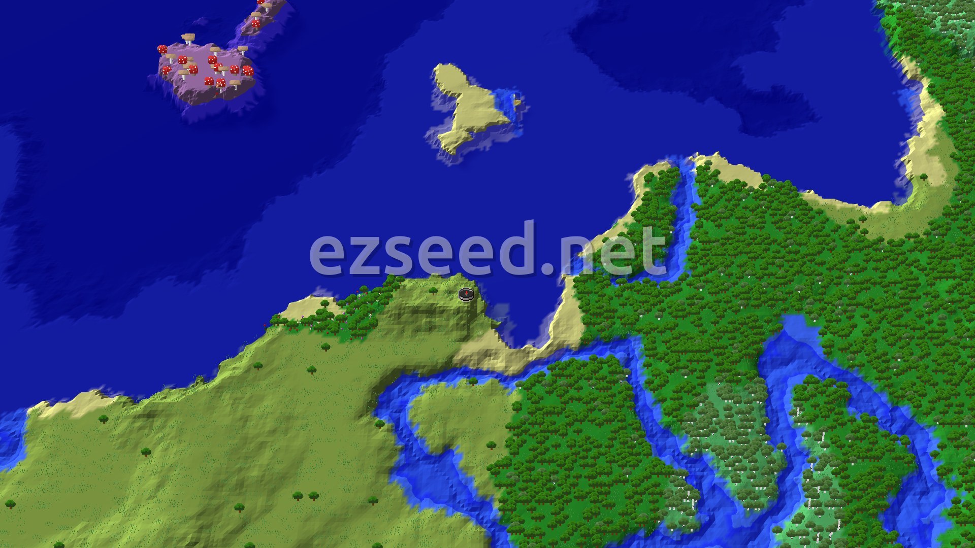A 3D fly-over of a coastal plains and forest biome with a winding river, and a large mushroom island visible offshore.