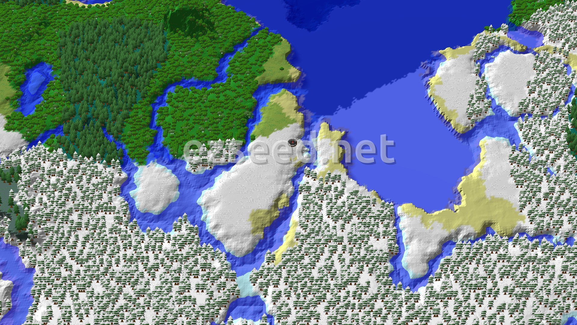 Snow-covered plains and spruce forest meet a wide frozen bay, with a green deciduous forest across a winding river to the northwest.