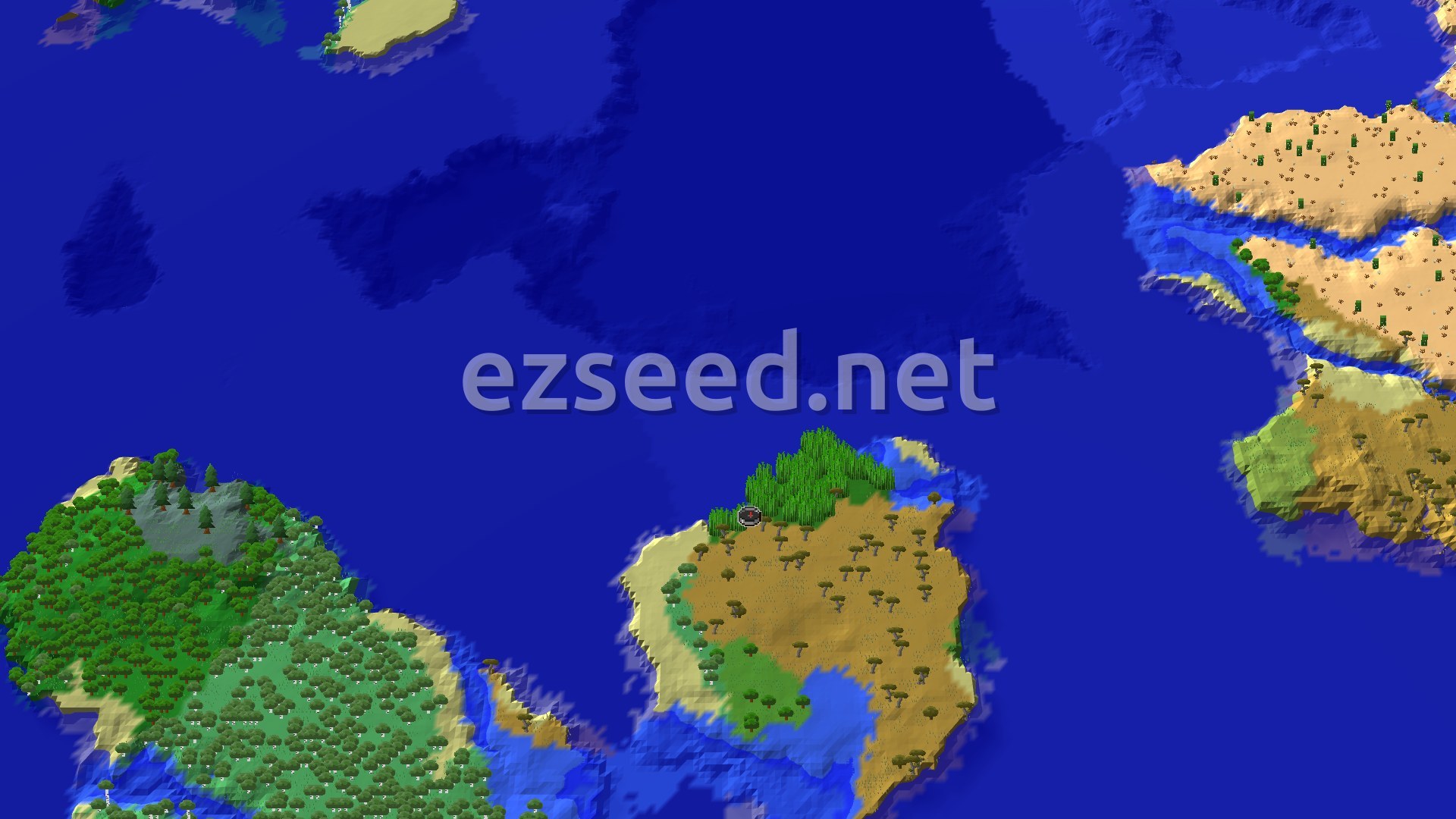 A 3D aerial view of a large blue ocean with several islands. The central island, where spawn is marked, features Windswept Savanna terrain with scattered trees and a distinct patch of dense bamboo jungle. Other islands with varied biomes are visible in the distance.