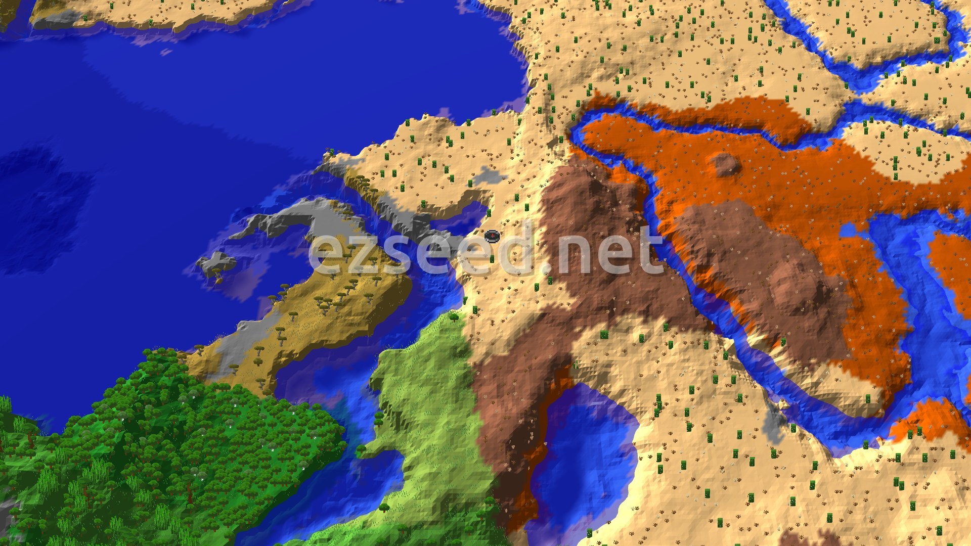 A sandy desert dotted with cacti slopes down to a deep blue bay, with orange and brown badlands to the east and green forest to the southwest.