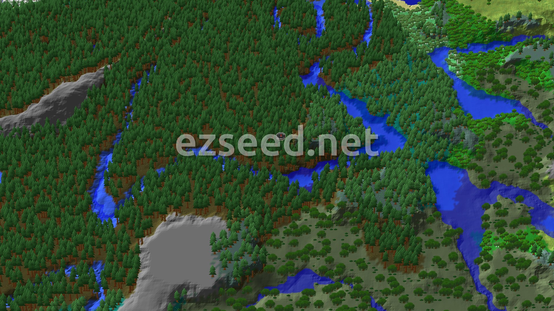 A vast, dense forest of pine trees covers rolling hills, cut through by winding rivers of blue water. A small spawn marker is visible near the center.