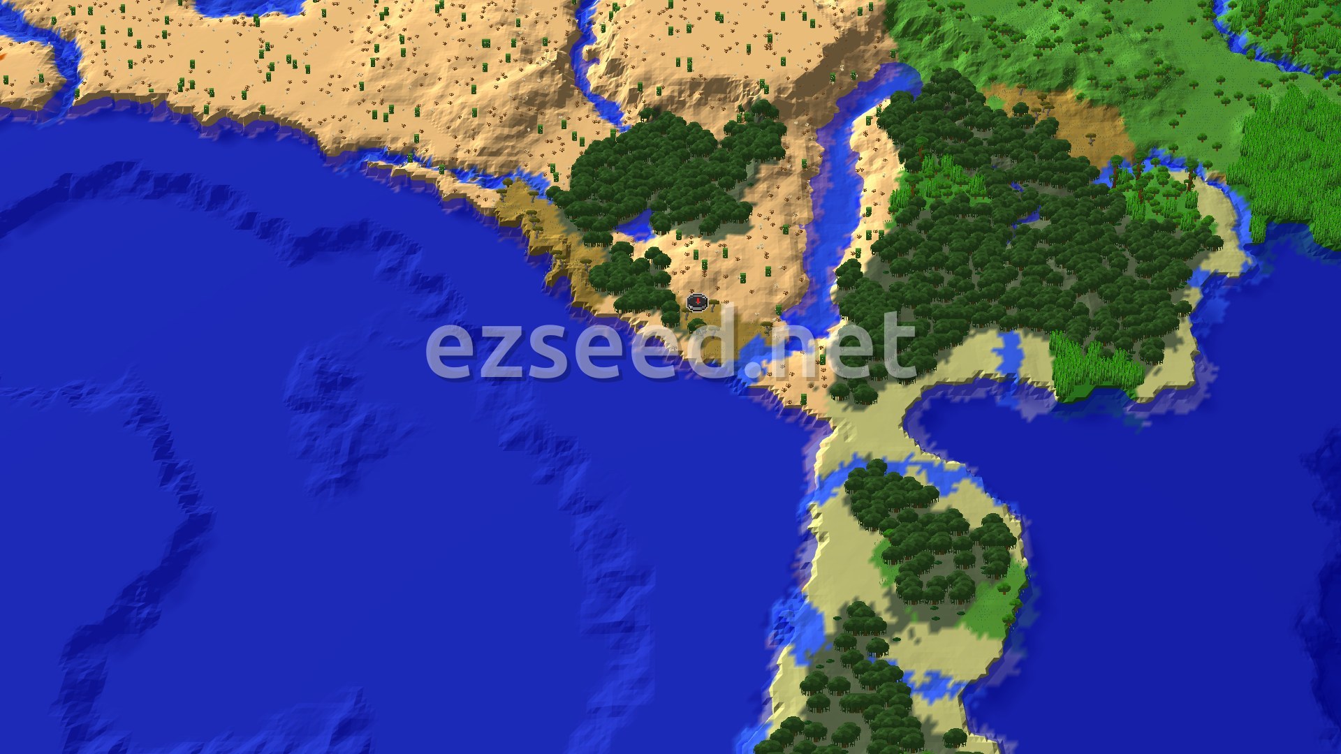 An aerial view shows a coastline with a large ocean, sandy deserts, and patches of savanna and jungle biomes, with the spawn marker near the coast.