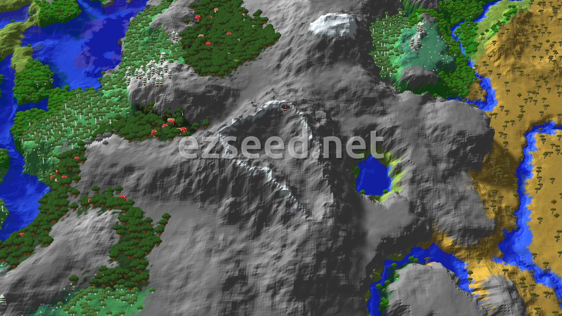 A bare grey mountain ridge with a few snow-capped crests, ringed by dark forest and birch woods on the left, a small lake, and golden savanna with blue rivers on the right.