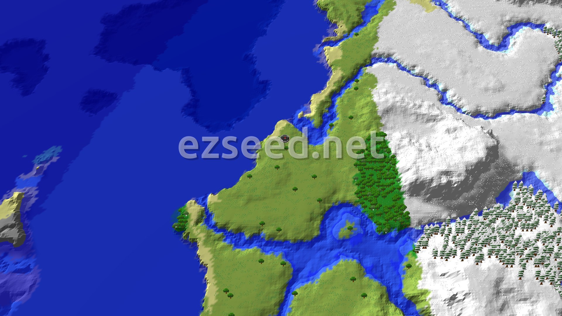 A green plains peninsula with scattered trees and a dense forest strip, bordered by deep blue ocean on one side and snow-covered hills with spruce trees on the other.