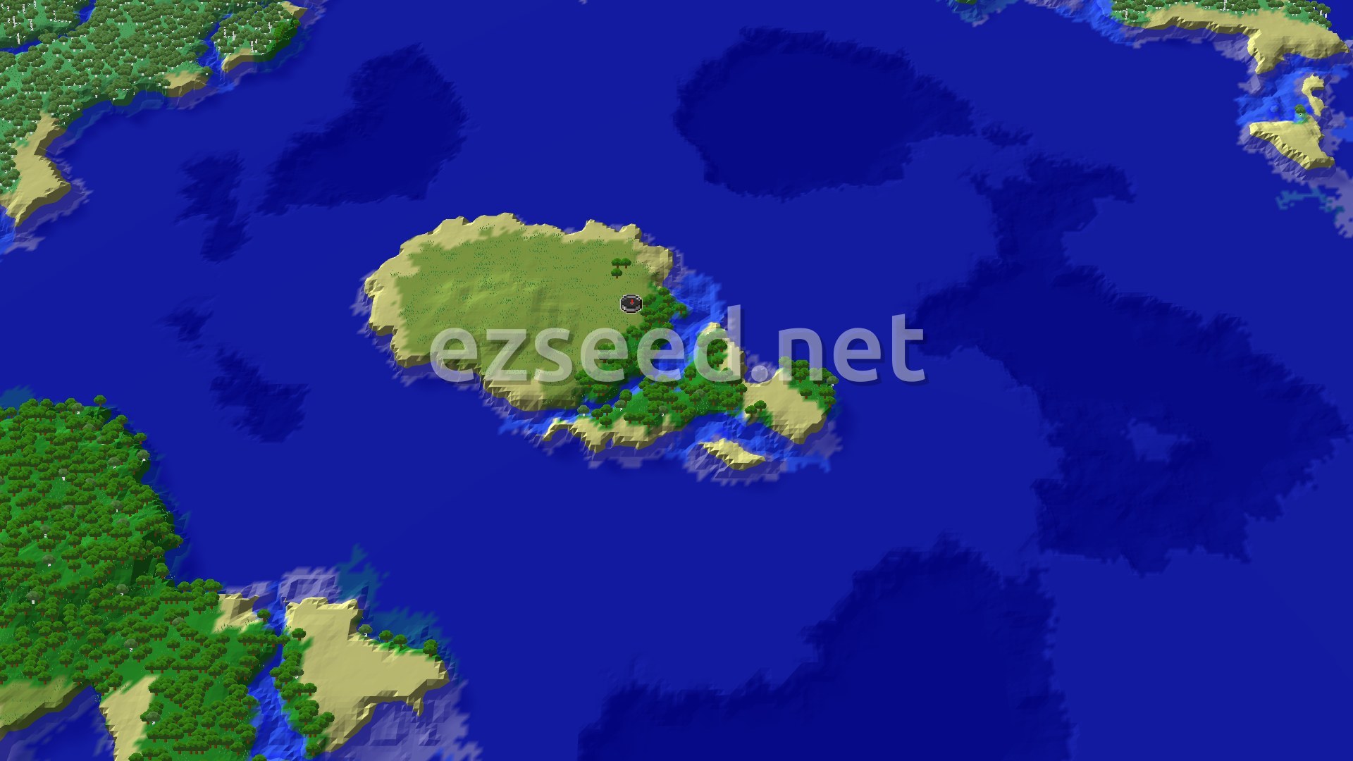 A tan-shored island of grass with a forested southeastern tail sits in deep blue ocean, with larger forested coastlines at the corners of the frame.